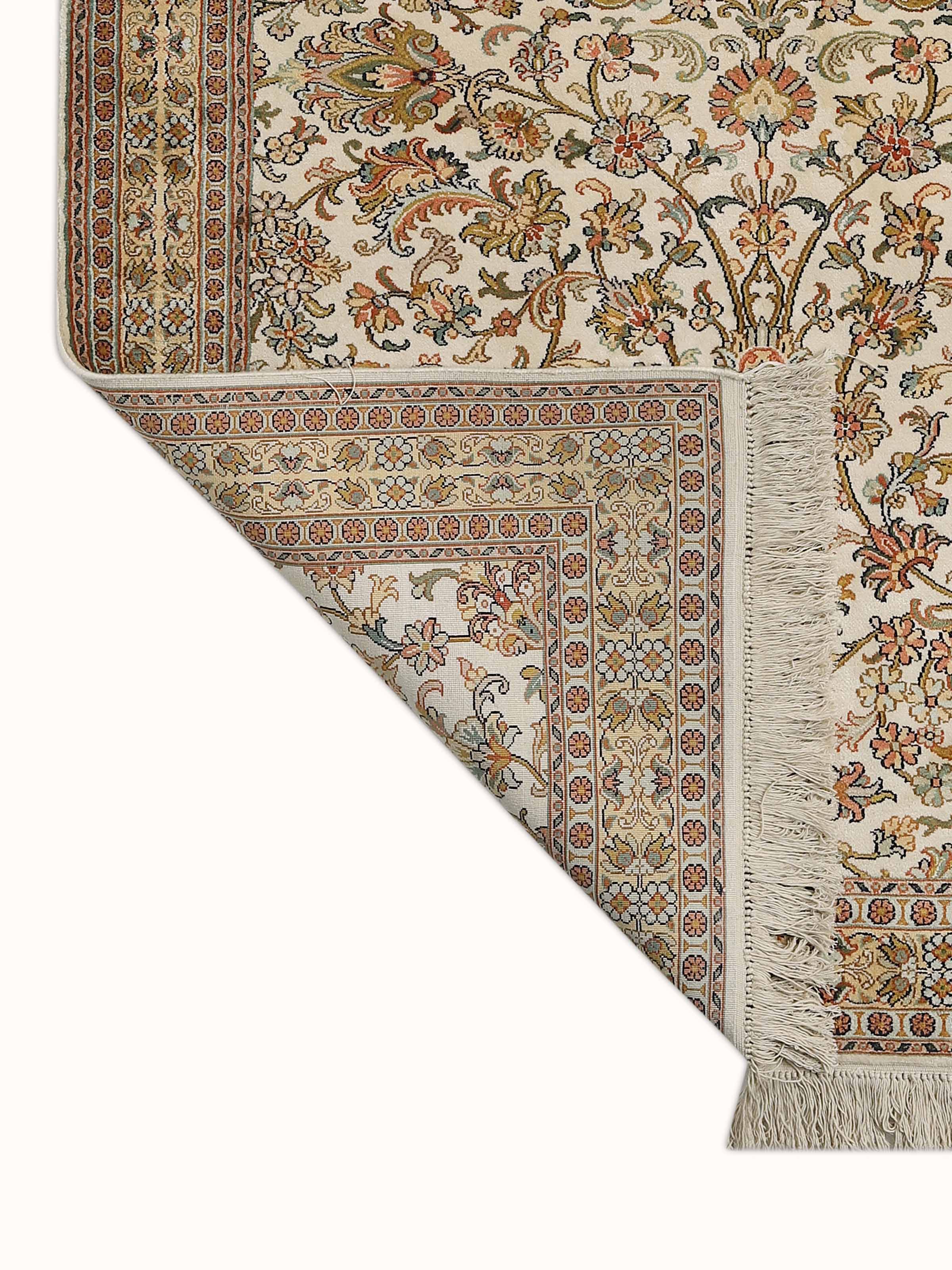 Traditional Persian Ivory Tabriz Kashmir Silk Hand-Knotted Carpet