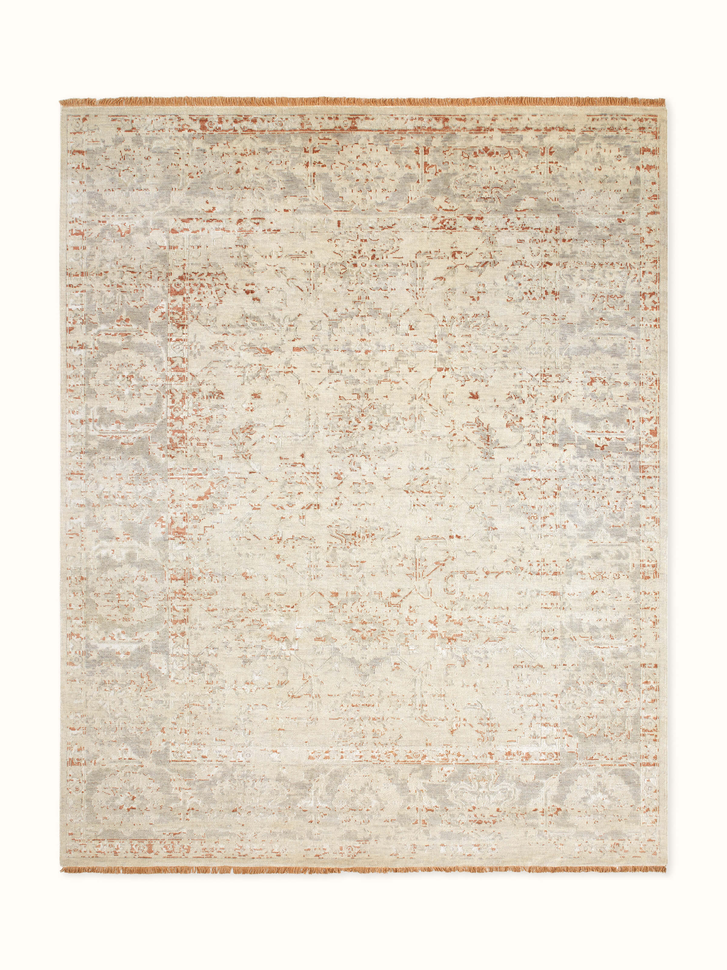 Distressed Transitional Beige Grey Bhadohi Wool & Silk Hand-knotted Rug