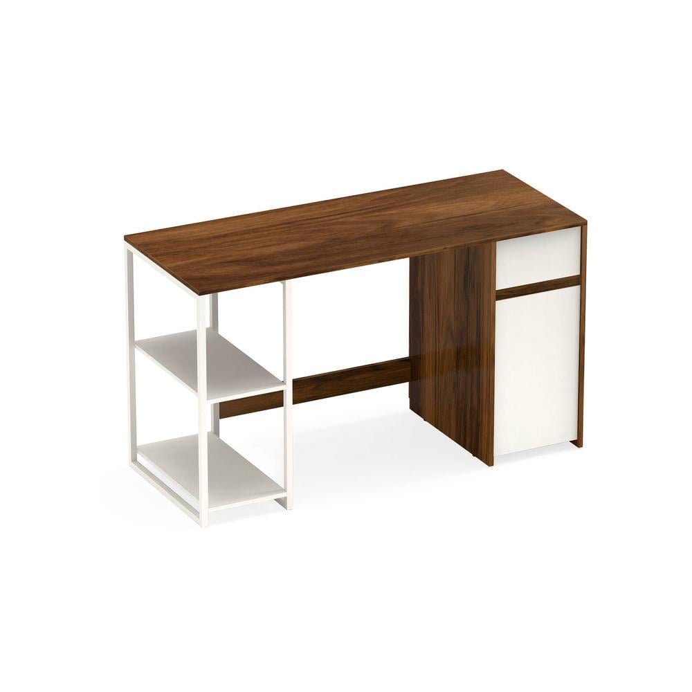 Corbyn Engineered Wood Study and Computer Laptop Table for Home or Office, WFH Desk, with Drawer Shelves Storage for Books and Décor Display for Adults Kids Students (Brown Maple & White)