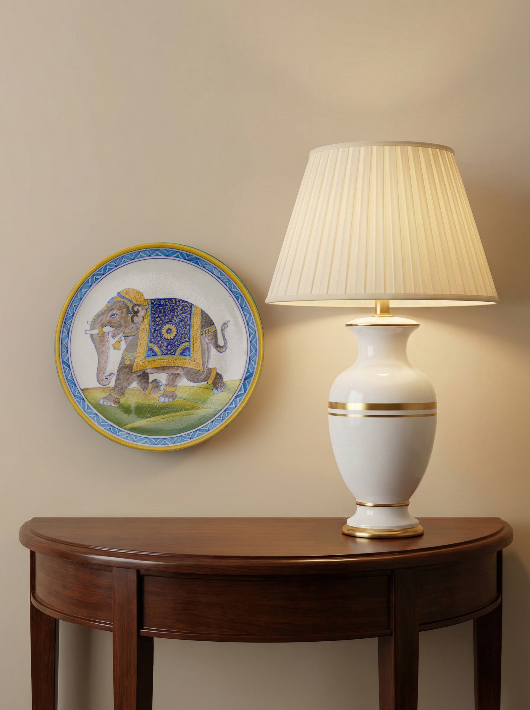 Blue pottery Rajasthani warrior elephant display plate with hand-painted design