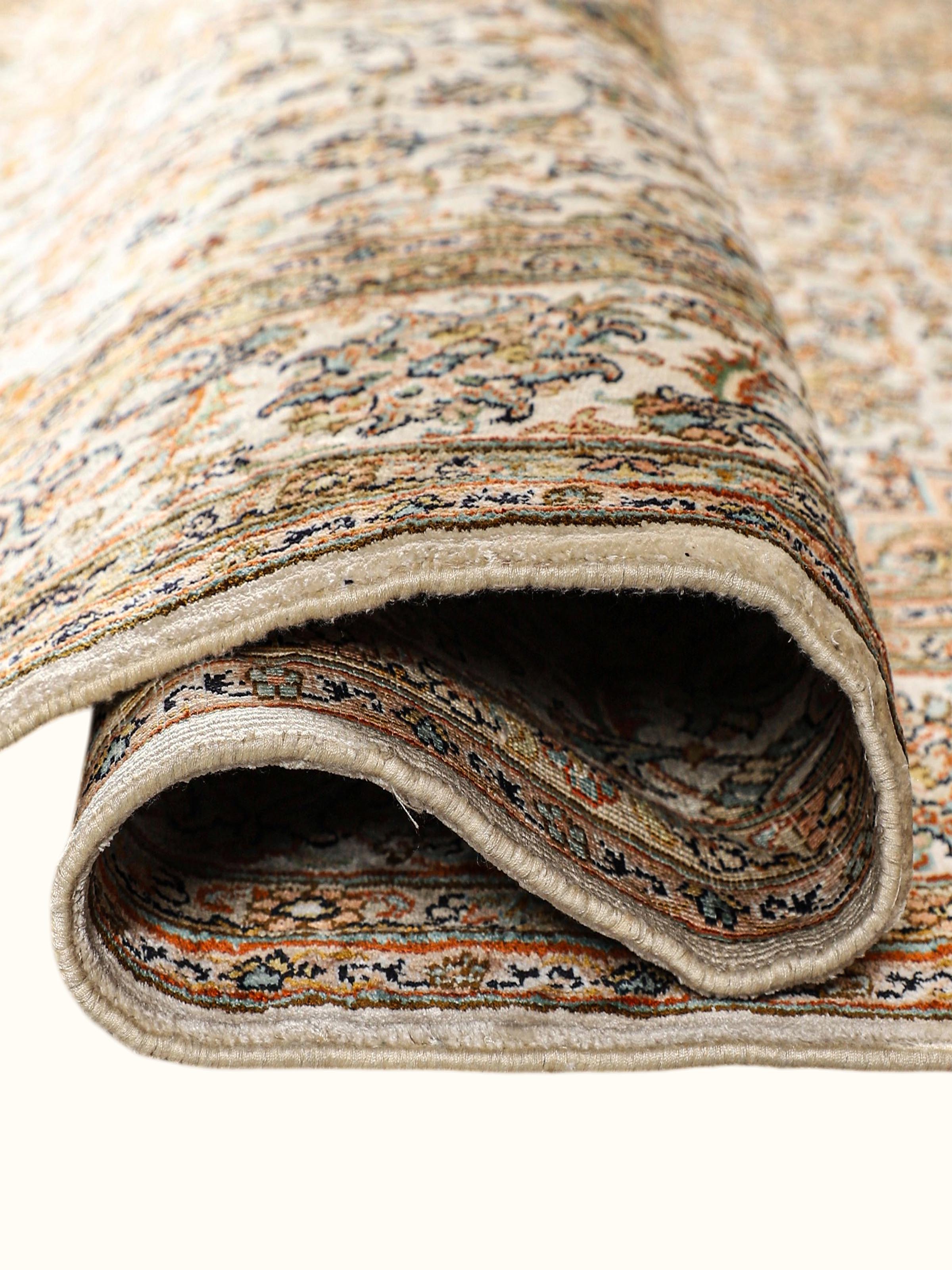 Traditional Persian Ivory Lt. Pink Kashan Kashmir Silk Hand-Knotted Carpet