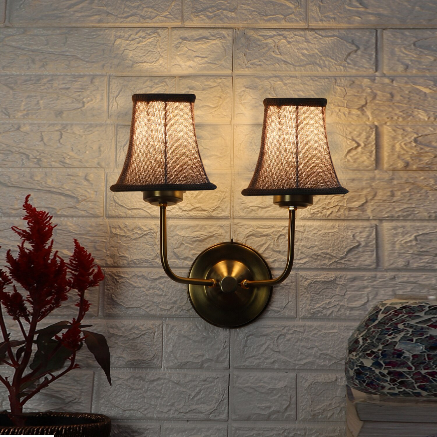 Devansh Dual Gold Metal  Wallmounted Lamp With Beige Jute  Shade