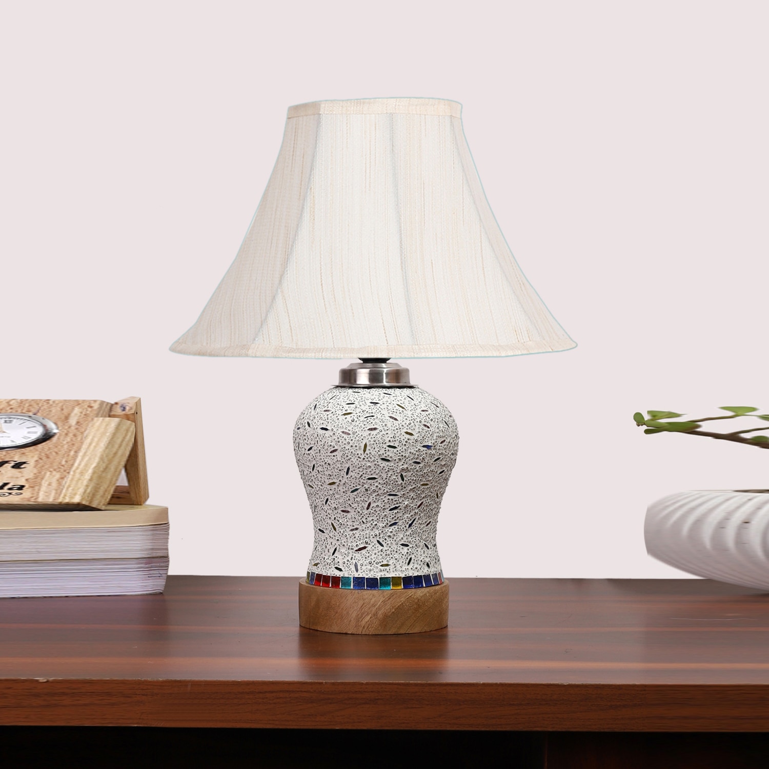 Devansh Off-White Cotton Shade Lamp With Wood & Mosaic Glass Base For Decoration/Office/Home/Gifting/Study For Decoration/Office/Home/Gifting/Study - Devansh