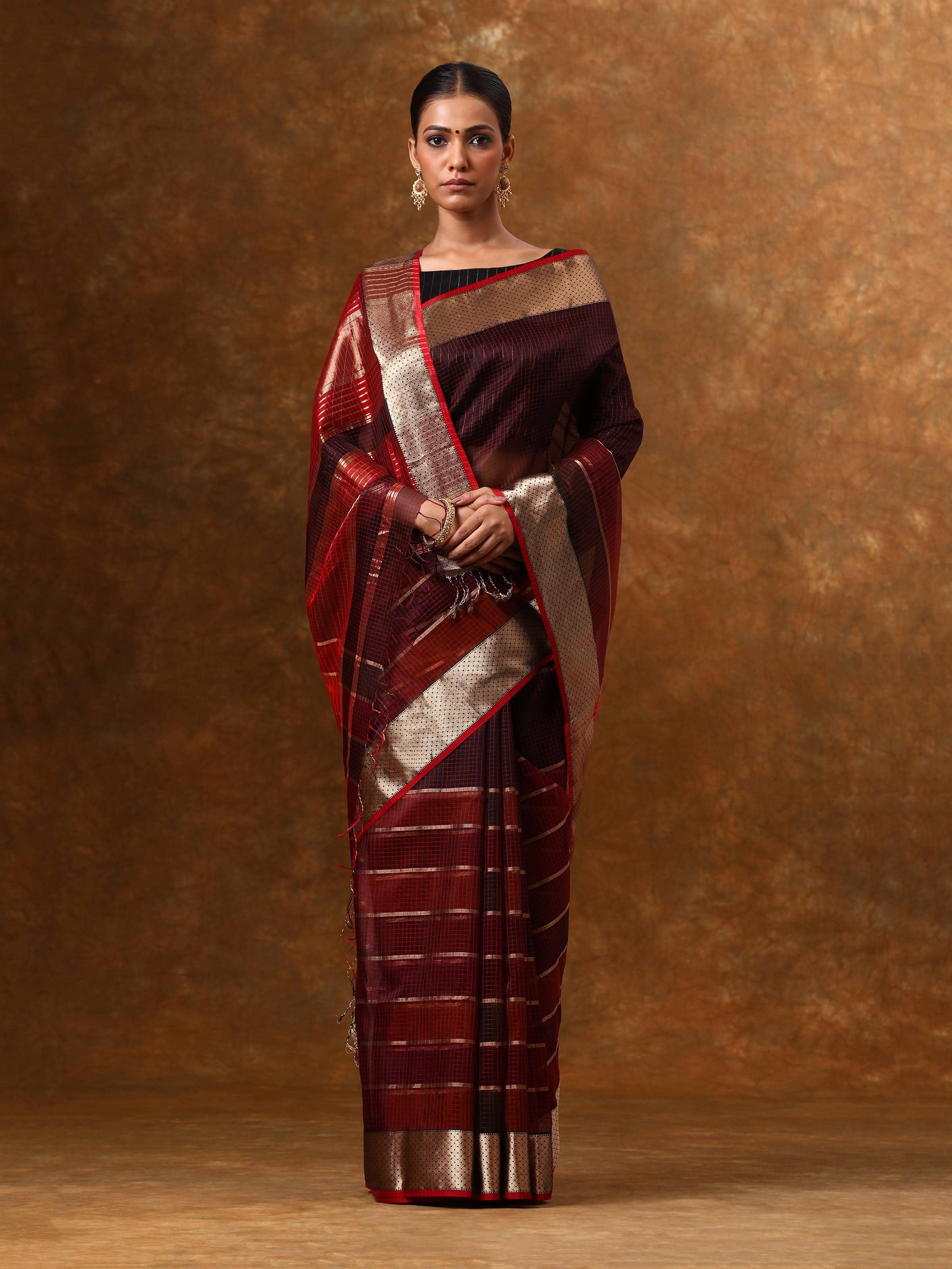 Maroon Cotton Silk Maheshwari Saree