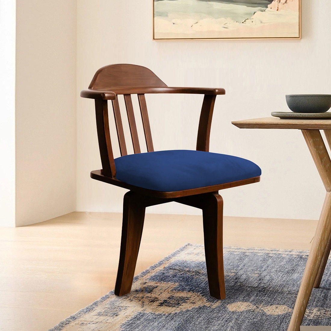Vanilla Revolving Teak Wood Chair in Navy Blue Colour