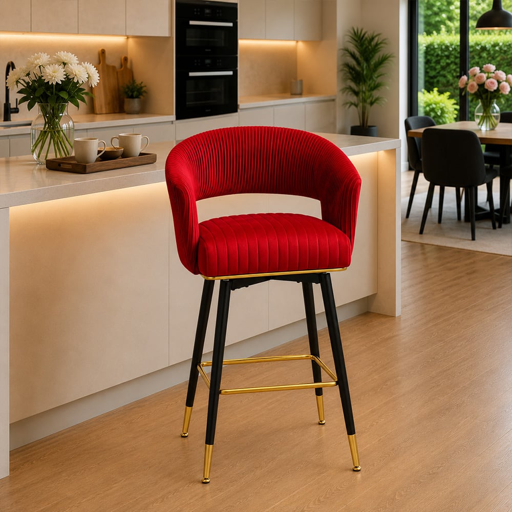 Doe Buck Mixoy Velvet Bar Stool in Emerald Red Colour with Gold Accents - Doe Buck