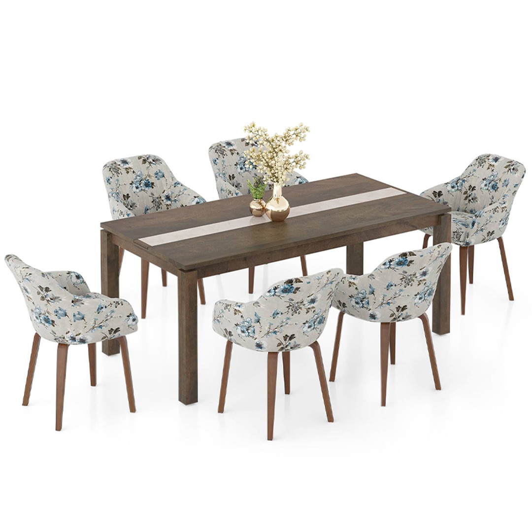Atlas Crest Solid Wood 6 Seater Dining Table with 6 Rochelle Lounge Chair