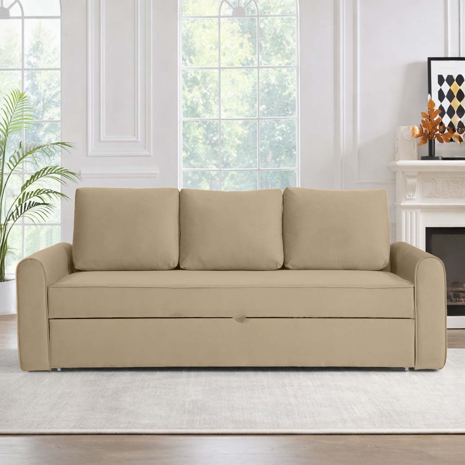 Clevam 3 Seater Pull Out Sofa cum Bed in Beige Colour