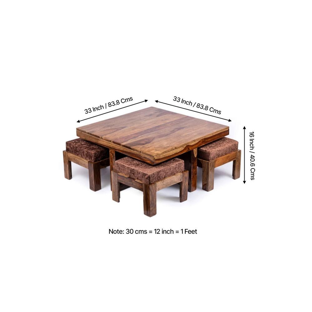 Blane Sheesham Wood 4 Seater Coffee Table Set In Teak Finish Brown Sparkle Velvet Cushion