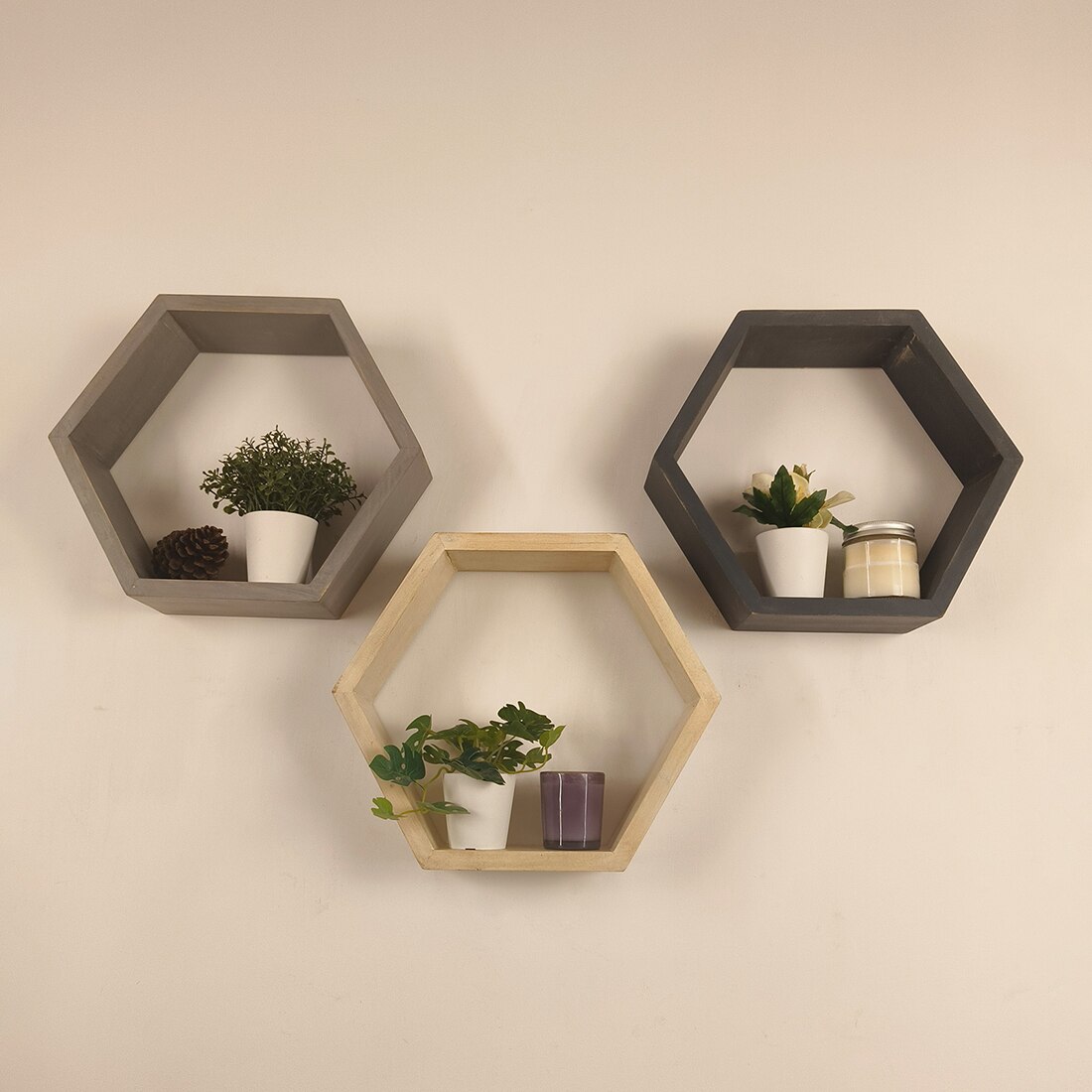 Oliver Iii Hexagonal Shaped Set Of 3 Wooden Wall Shelves