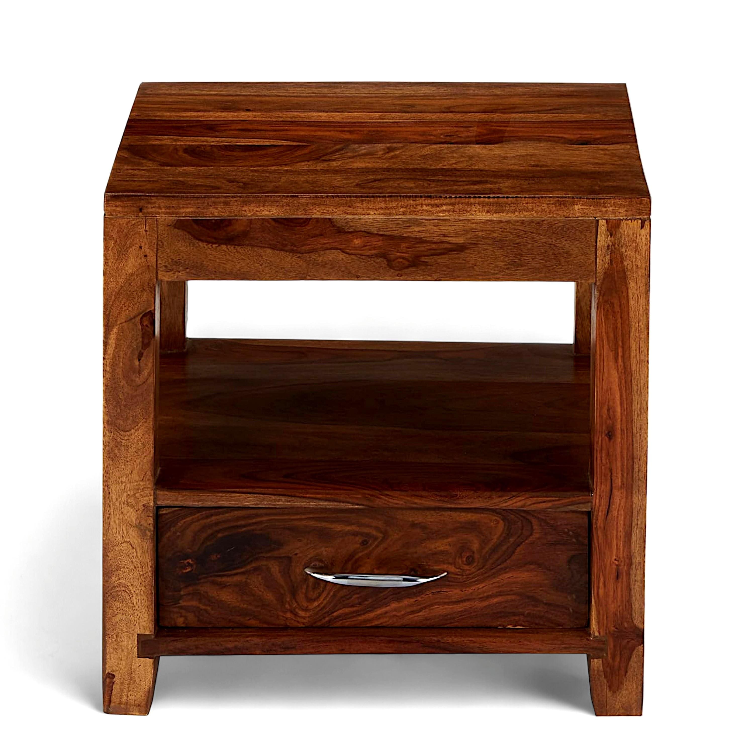 Kassel Sheesham Wood Contemporary Bedside Table End Table In Natural Teak Finish