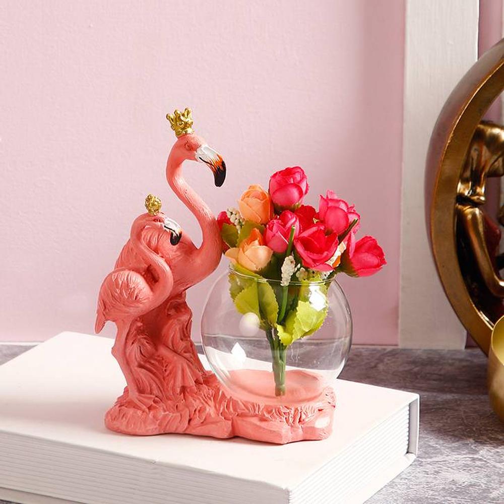 Cute Pink Flamingo Showpiece with Glass Bowl