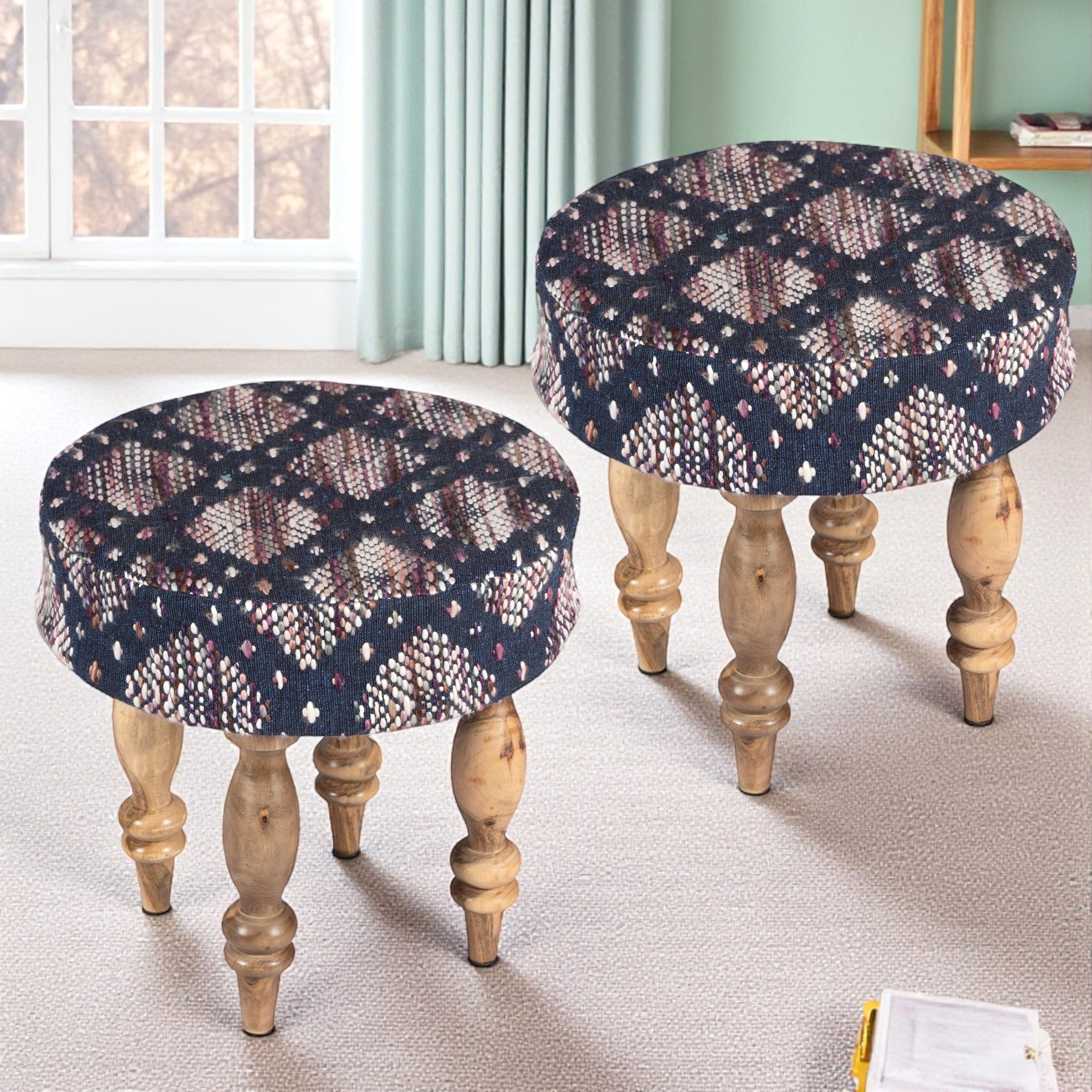 Roswell Sheesham Wood Parisian Round Set of 2 Stools in Blue Jacquard Work Fabric Upholstery