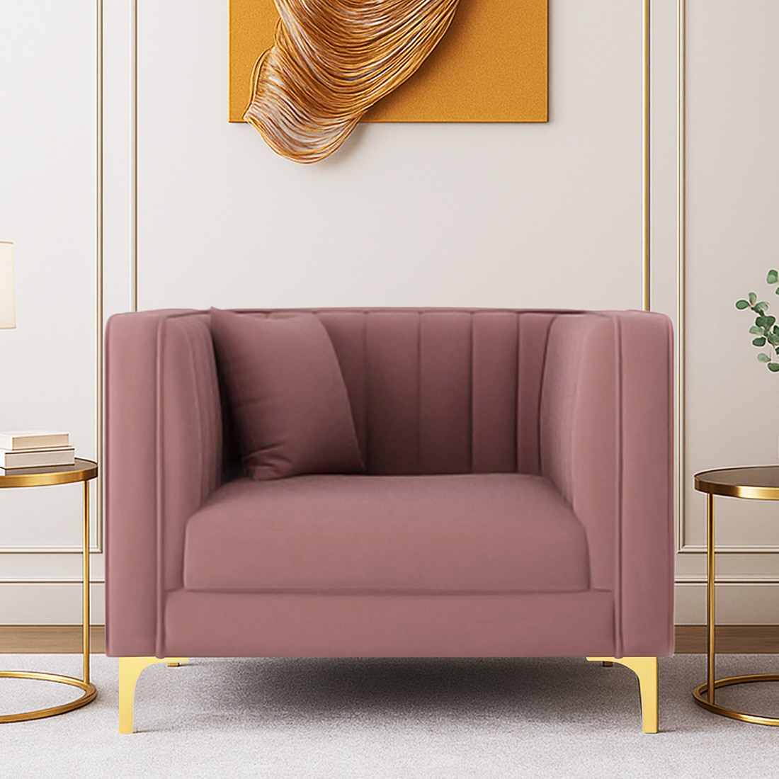 Texude Velvet 1 Seater Sofa in Pink Colour
