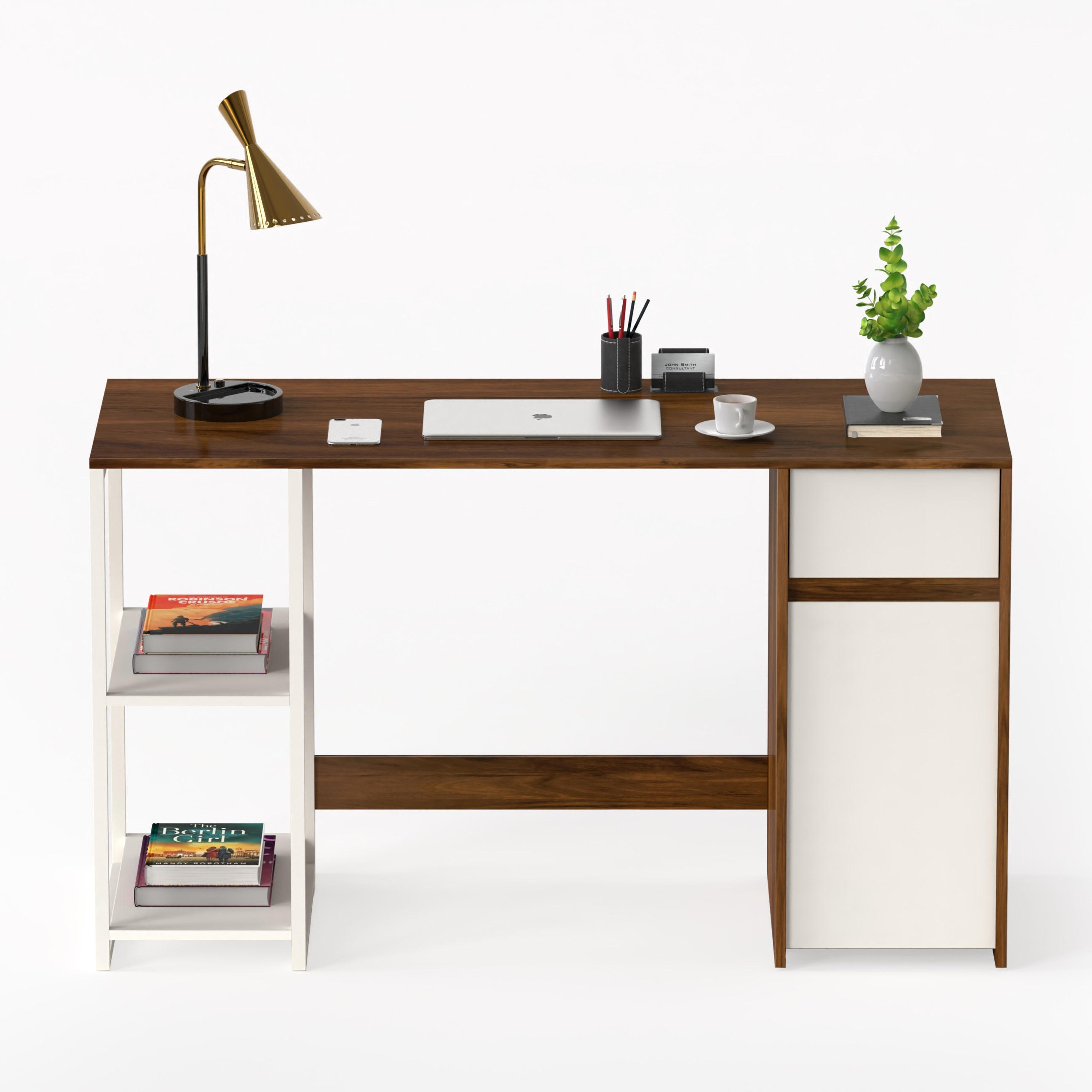 BLUEWUD Corbyn Engineered Wood Study and Computer Laptop Table for Home or Office, WFH Desk, with Drawer Shelves Storage for Adults Kids Students (Brown Maple & White - DIY)