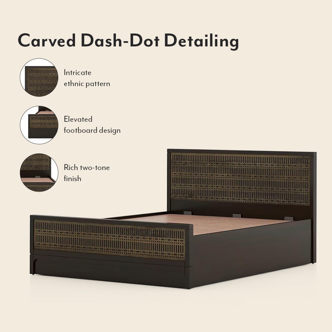 Masai Solid Wood Queen Size Hydraulicstorage Bed In American Walnut 2 Tone Finish