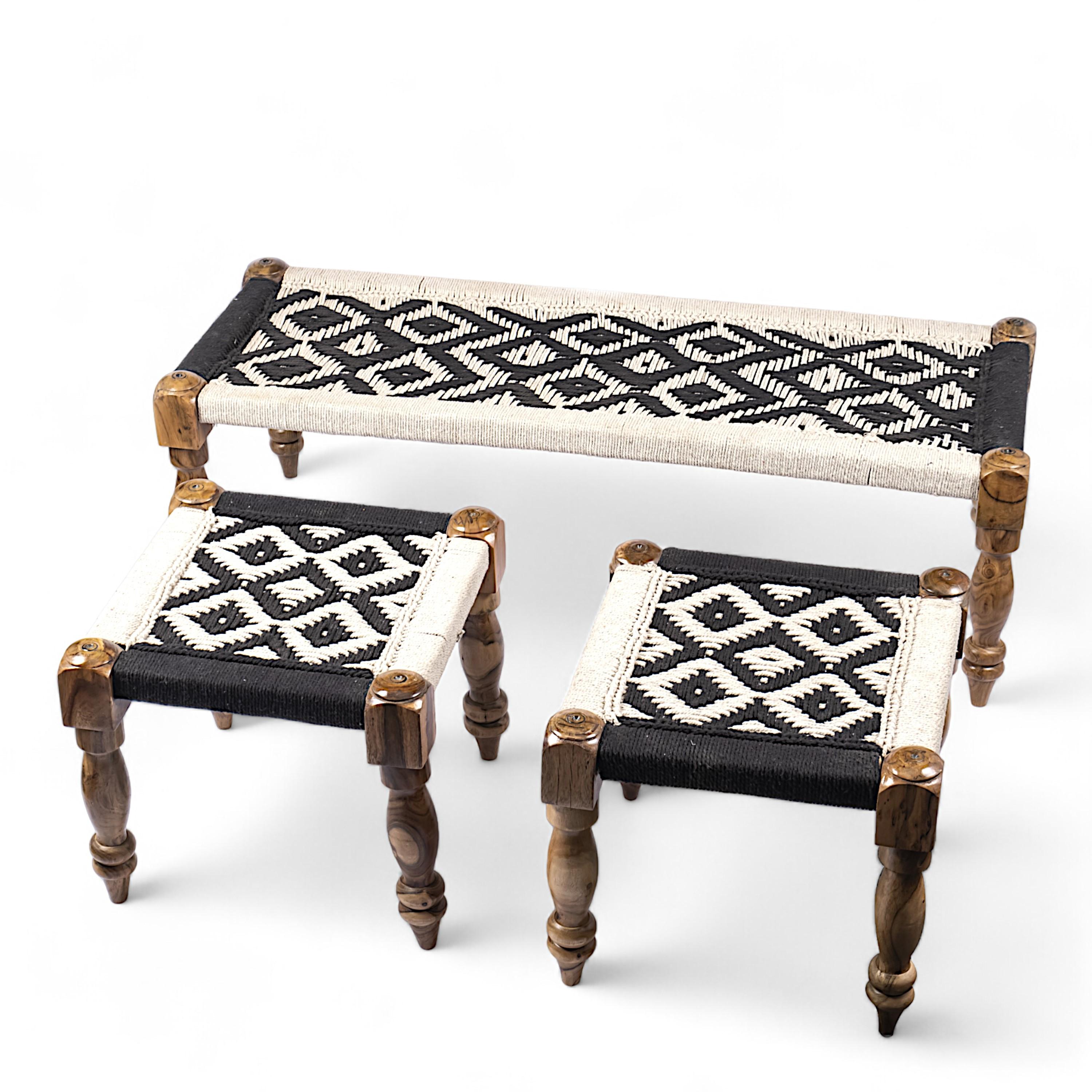 Hamilton Solid Wood Maachi Bench set with 2 Stools in Black & White Canning