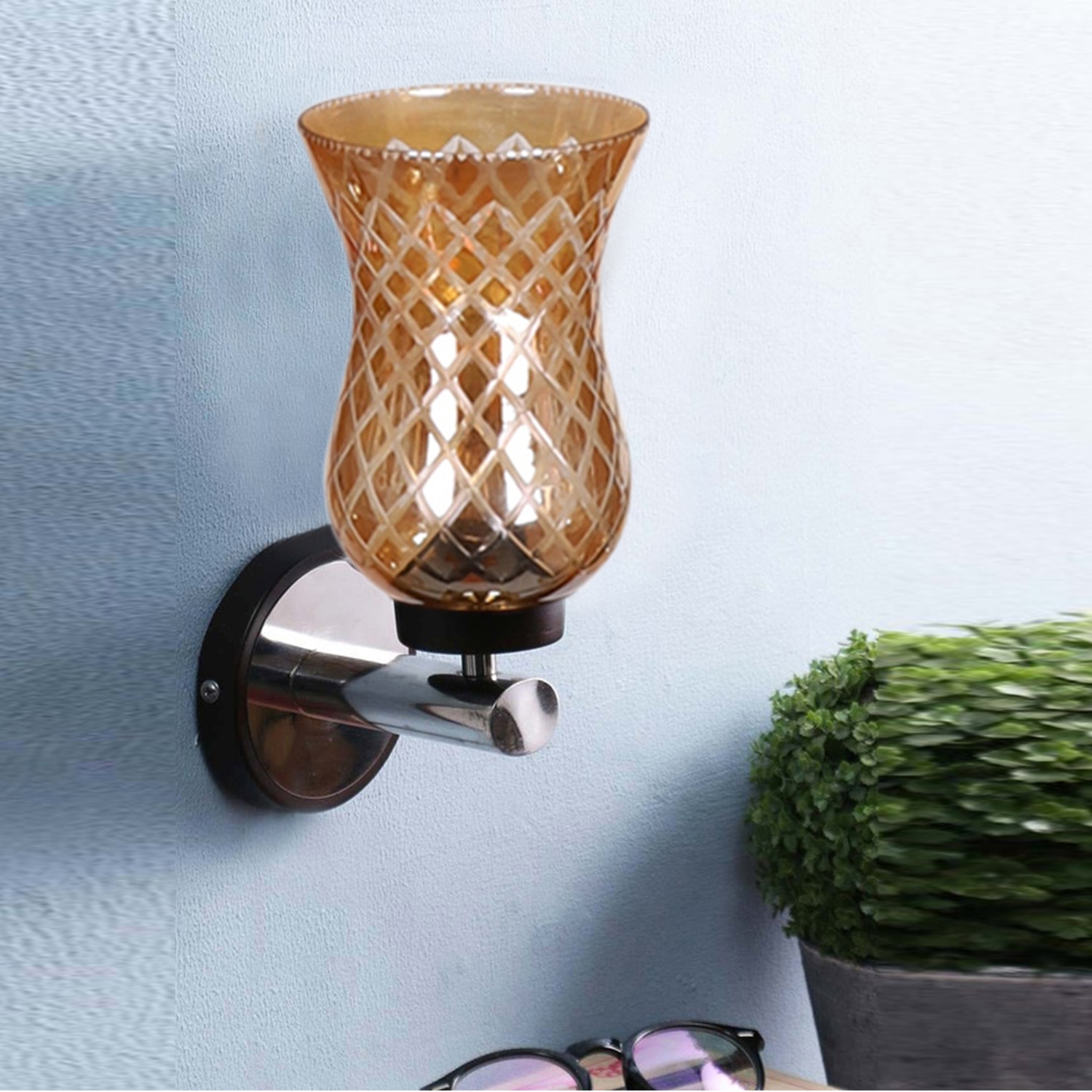 Devansh Metal Electric Wall Light in gold Colour with Lavender Shade Count of 1 Light