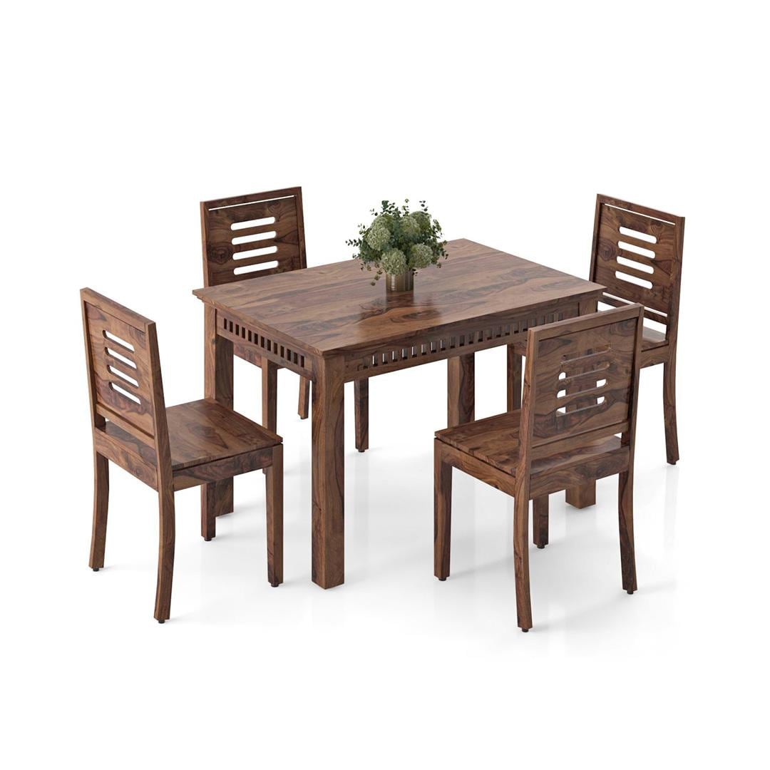Fidora 4 Seater Dining Table With Set Of 4 Capra Dining Chairs (Finish- Teak, Colour- White)