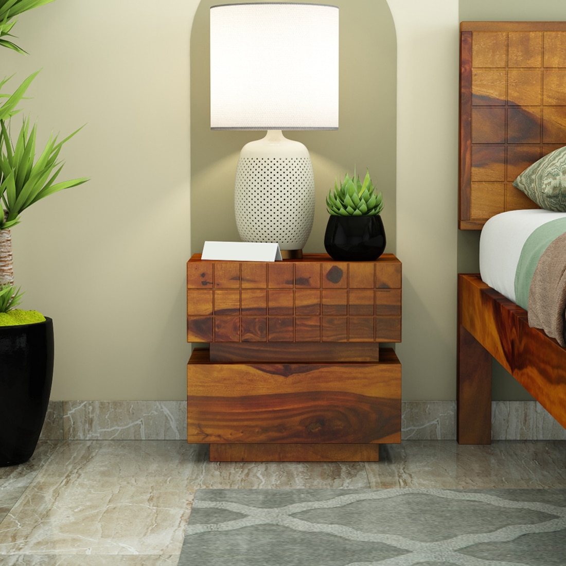 Cnc Square Solid Wood Bedside Table in Honey Finish