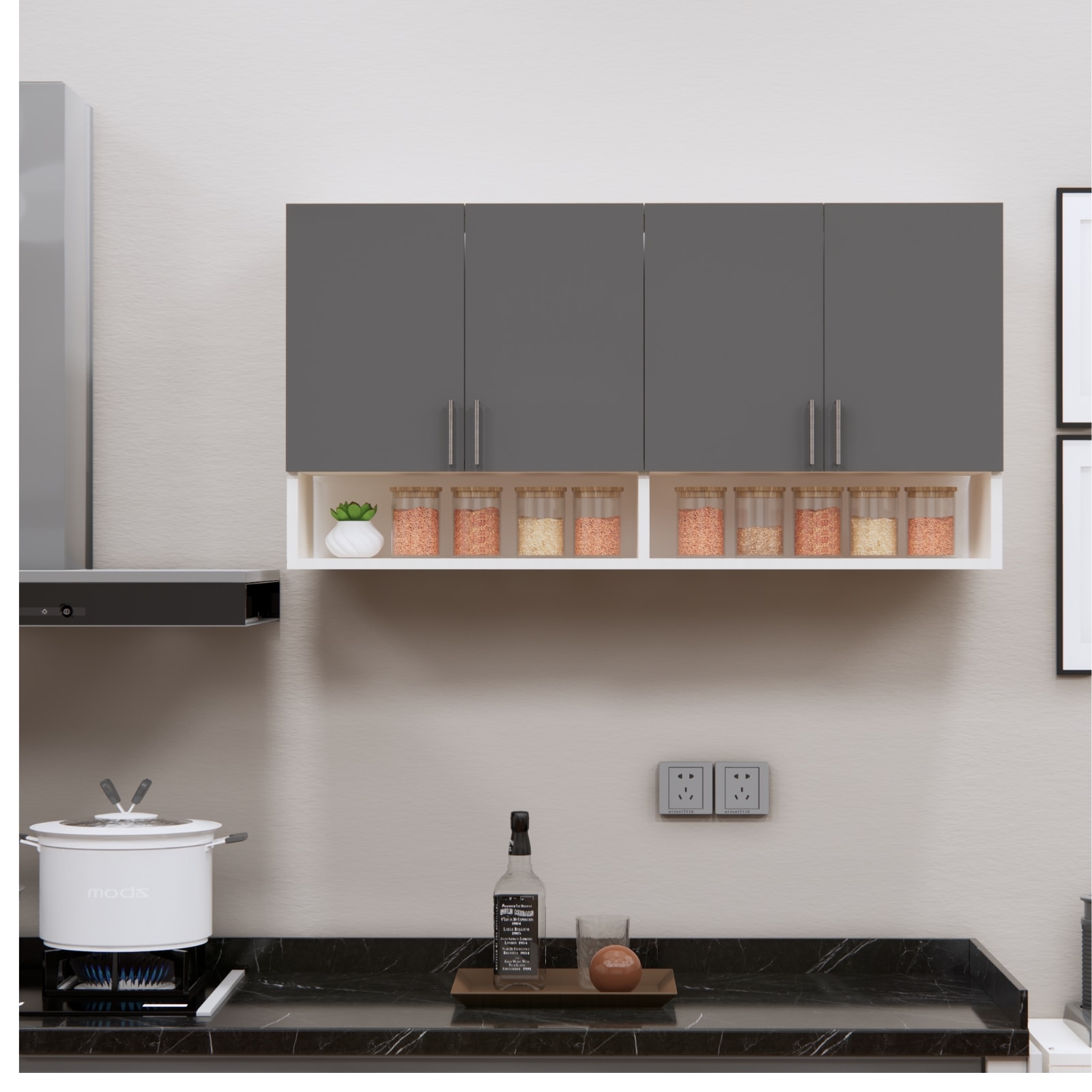 4 Doors Modular Wall Mounted Kitchen Cabinet With Organizer Shelf In Slate Grey Finish - Speciality Panels