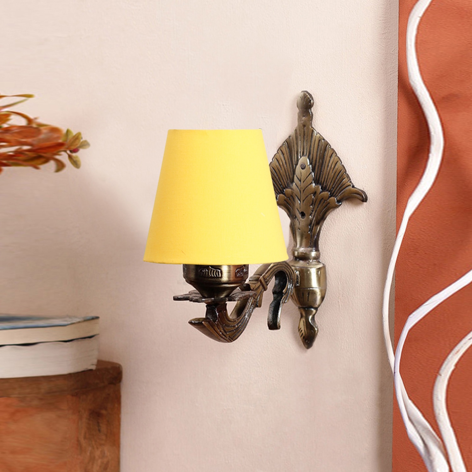 Devansh Metal Electric Wall Light in Antique Gold Colour with Yellow Shade Count of 1 Light - Devansh