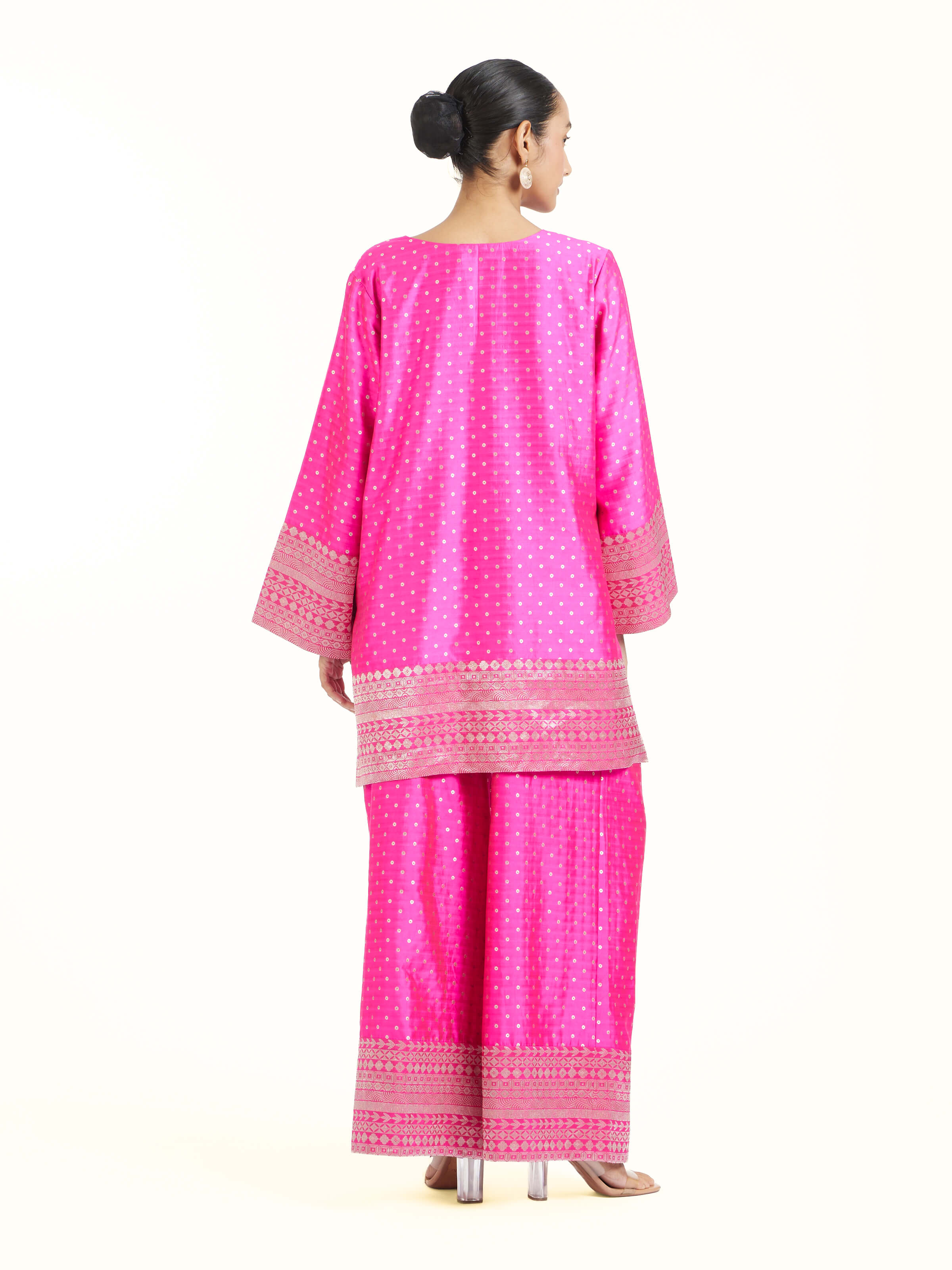 Back view of pink silk Banarasi co-ord set displaying complete ensemble