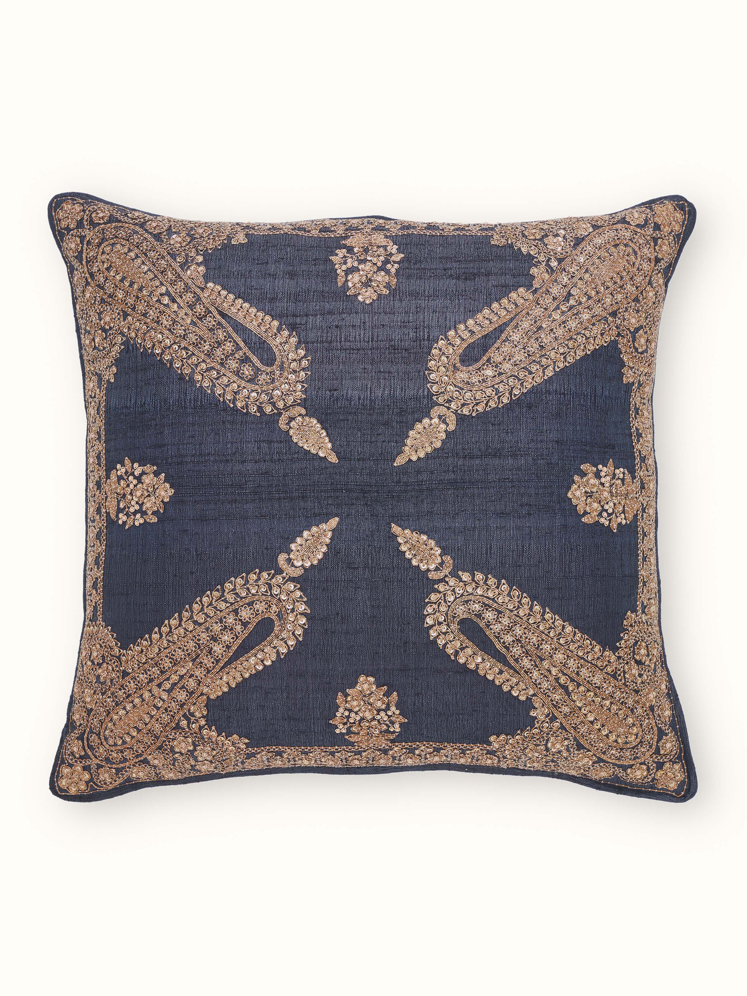 Alankar Dark Blue Paisley Silk Zardozi Hand Embroidered Cushion Cover