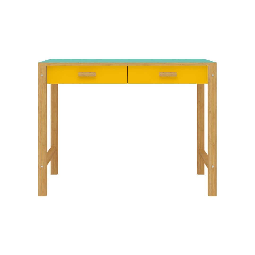 Exotica Kids Solid Wood Study Desk with Drawers and Wooden Handles in Misty Turquoise Mango Yellow Colour