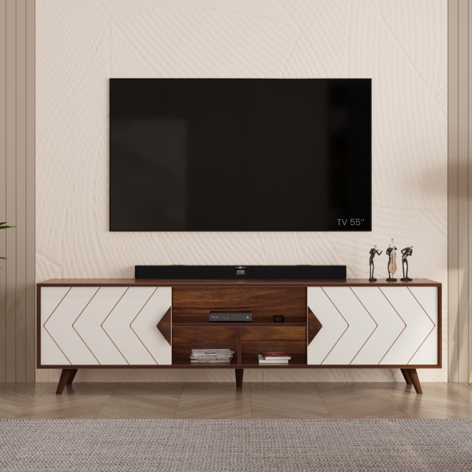 BLUEWUD Wilbrome Engineering Wood Floor Standing TV Entertainment Unit Set Top Box Stand/TV Panel Cabinet Panel with Shelves for Books & D�cor Display Unit, Upto 75 Inches (Brown Maple & White)