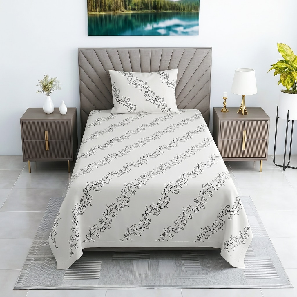Black And White Floral 330 Tc  Cotton Flat  Single Bed Size Bedsheet With 1 Pillow Cover - Threads