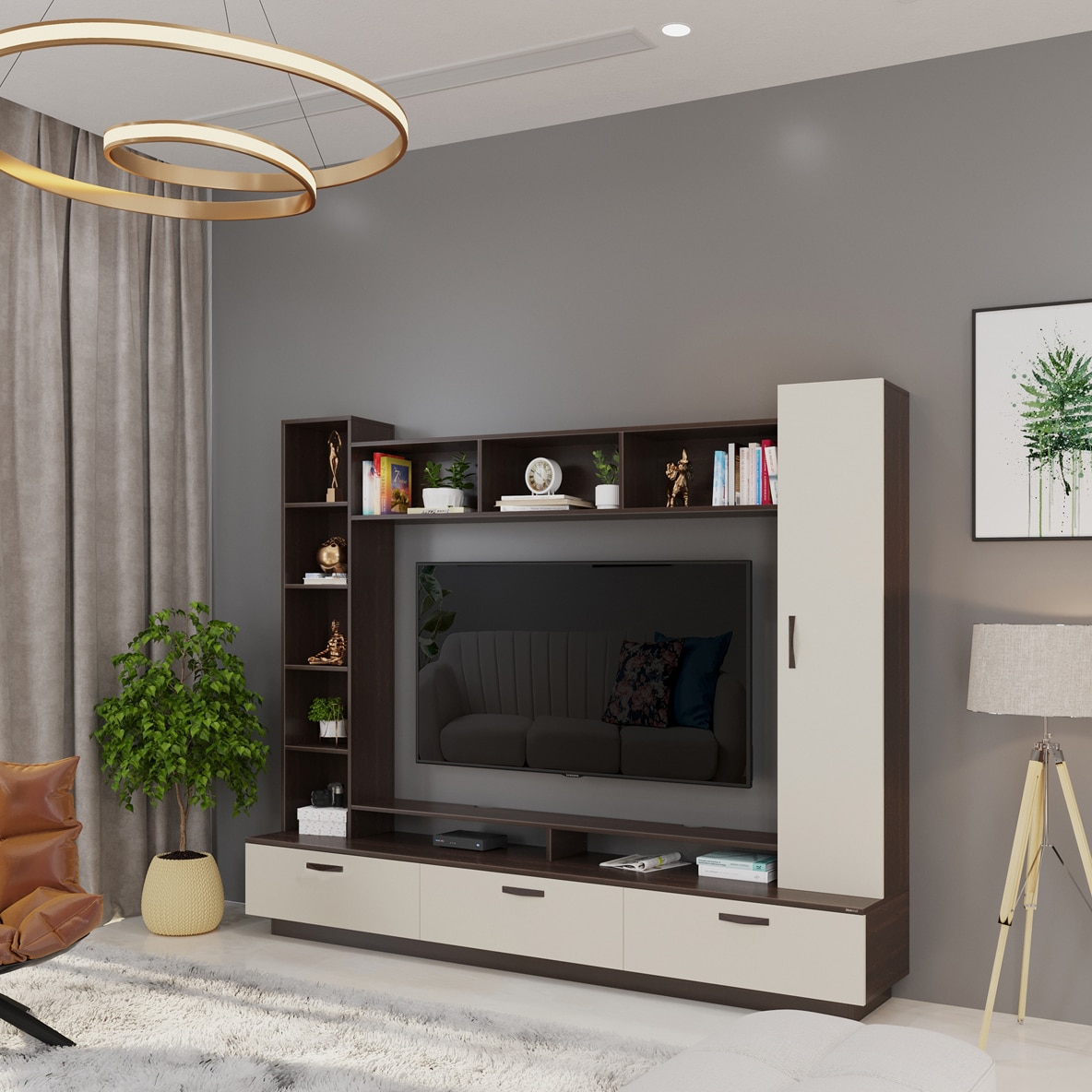 BLUEWUD Fenily Engineering Wood Floor Standing TV Entertainment Unit Set Top Box Stand/TV Cabinet Panel with Shelves for Books & D�cor Display Unit Bed Living Room Upto 60 Inches (Wenge & White)