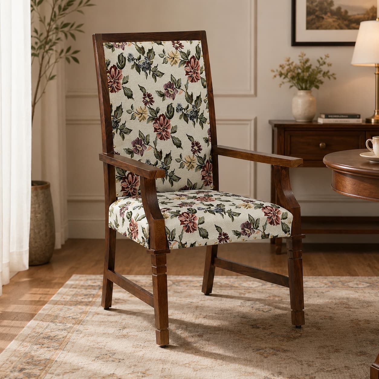 Brotton Sheesham Wood Arm Chair in Provincial Teak Finish - Woodenmood