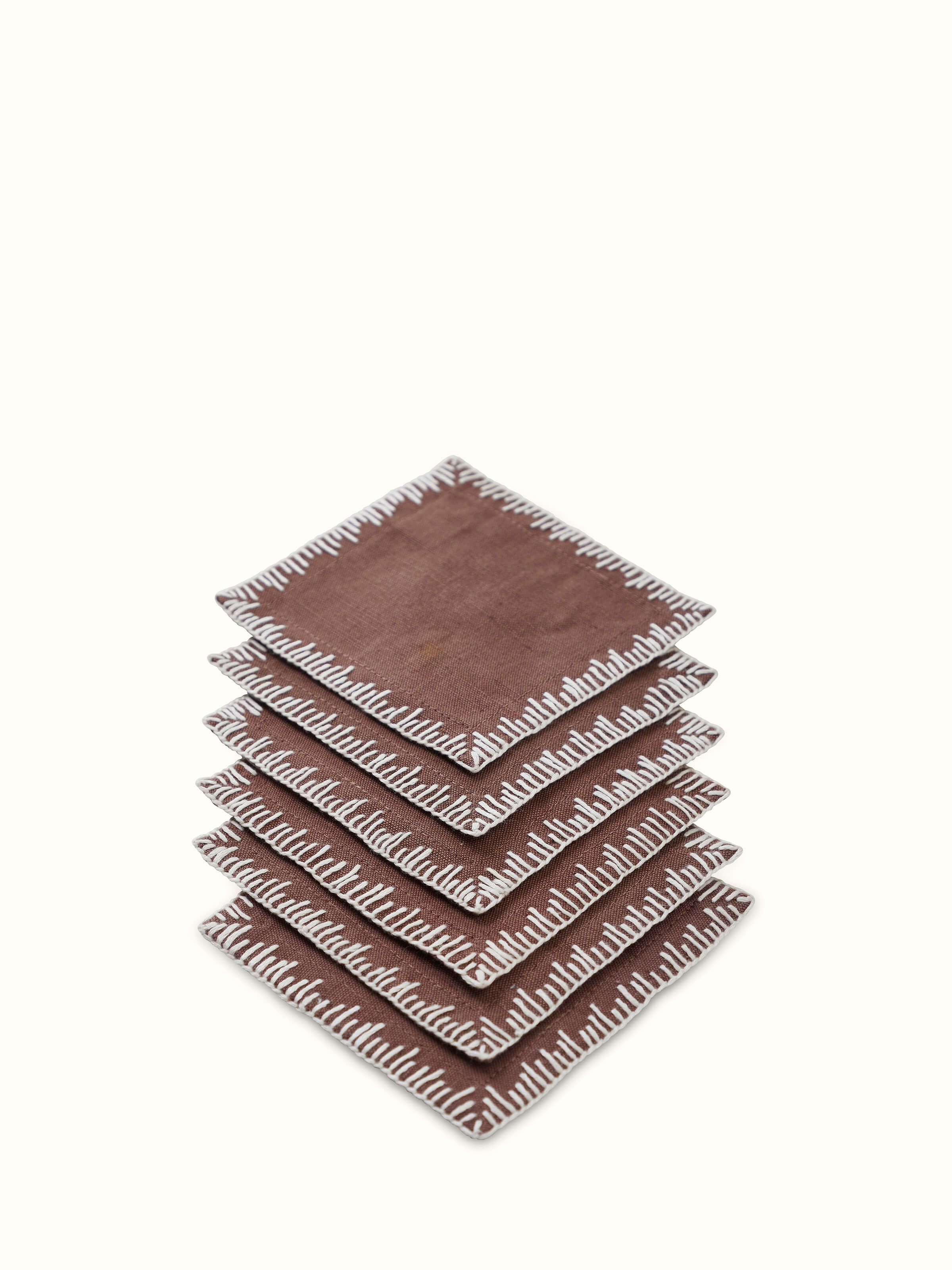 Parvat Brown Edge Stitch Linen Cotton Hand Embroidered Coaster (6 Pcs)