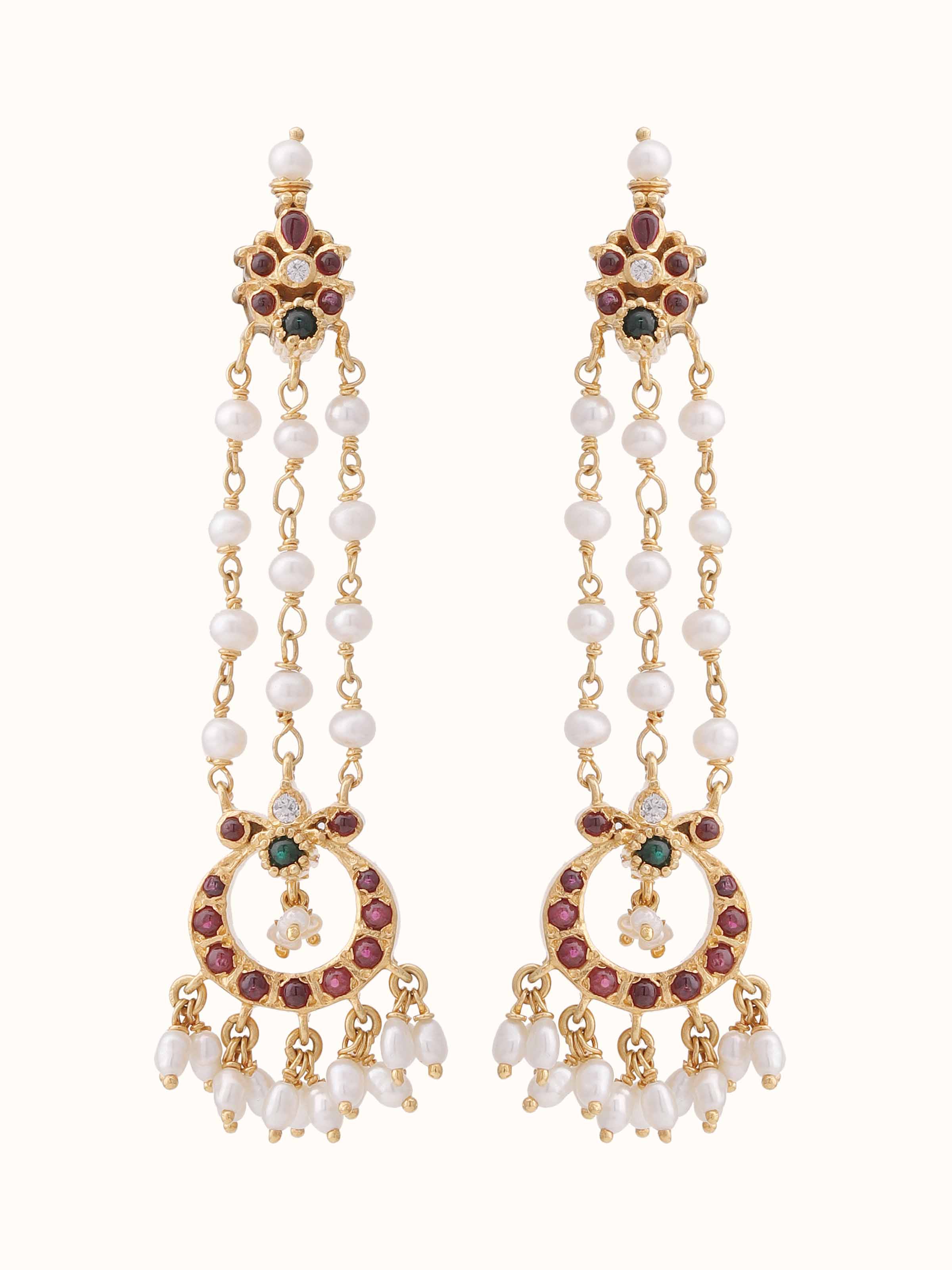 Front view of Guttapusalu Silver Drop Earrings by Swadesh highlighting the traditional motifs and dangling pearls