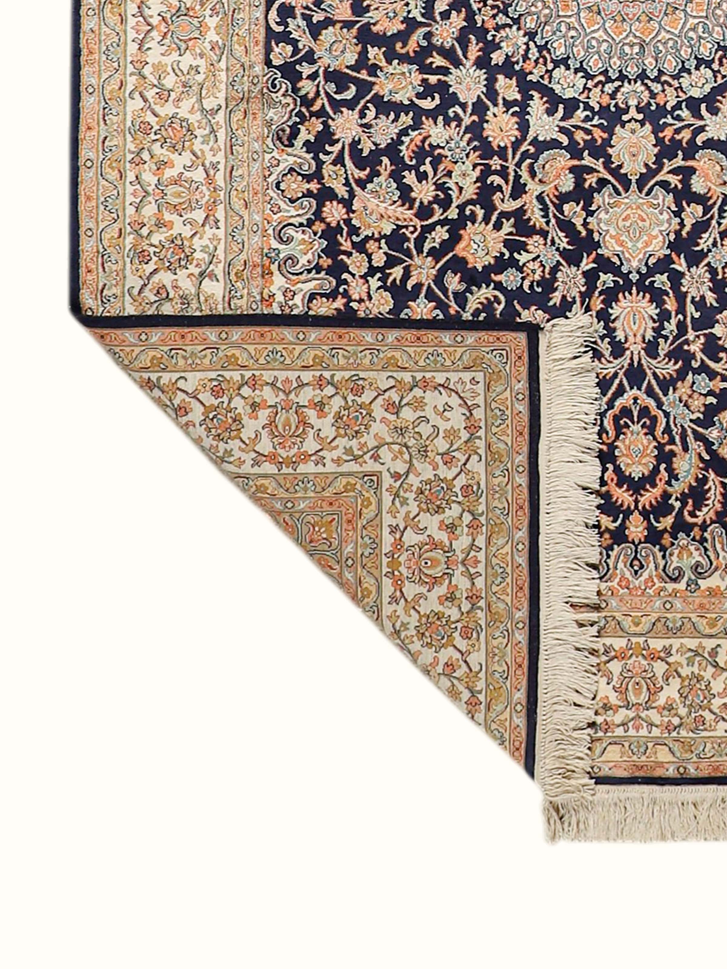 Traditional Persian Navy Ivory Isfahan Kashmir Silk Hand-Knotted Carpet