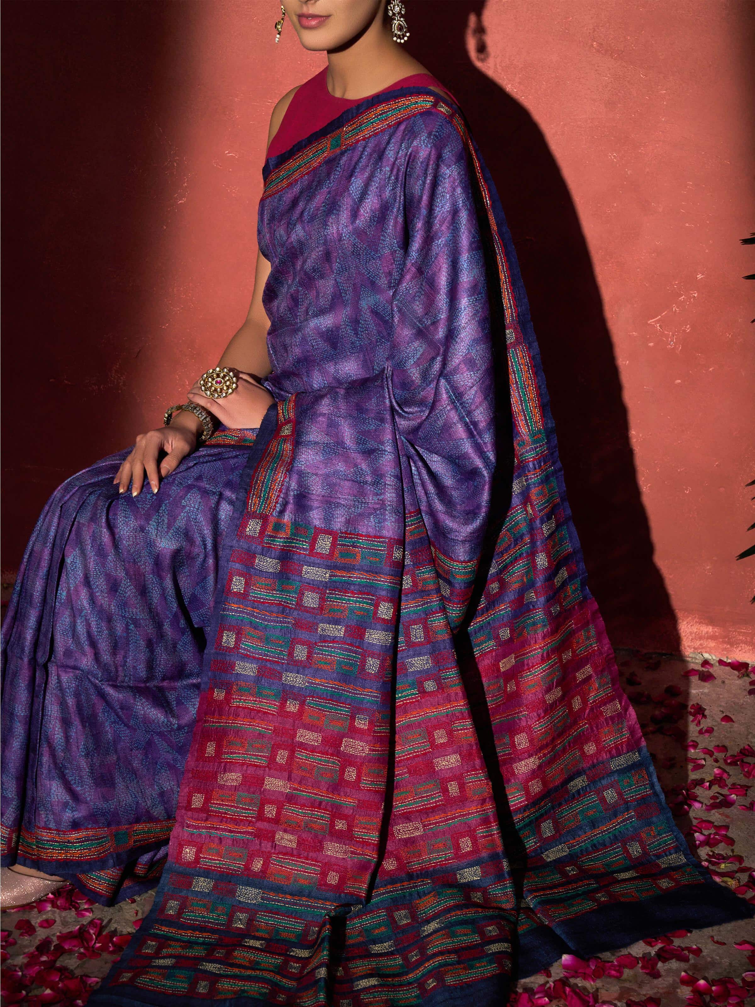 Purple Tussar Silk Discharge Block Printed Kantha Embroidered Saree
