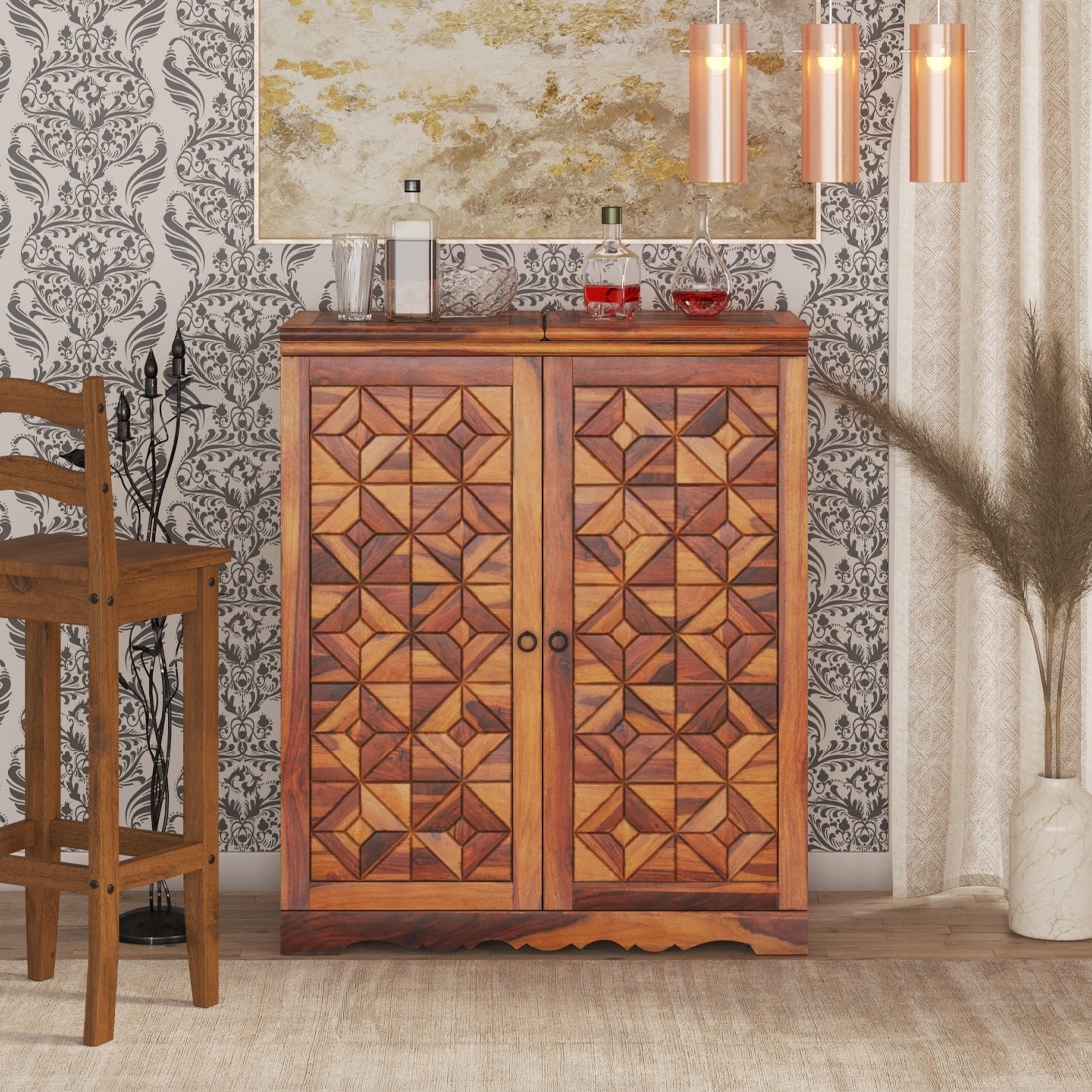 Parquet  Sheesham Wood Bar Cabinet in Honey Oak Finish