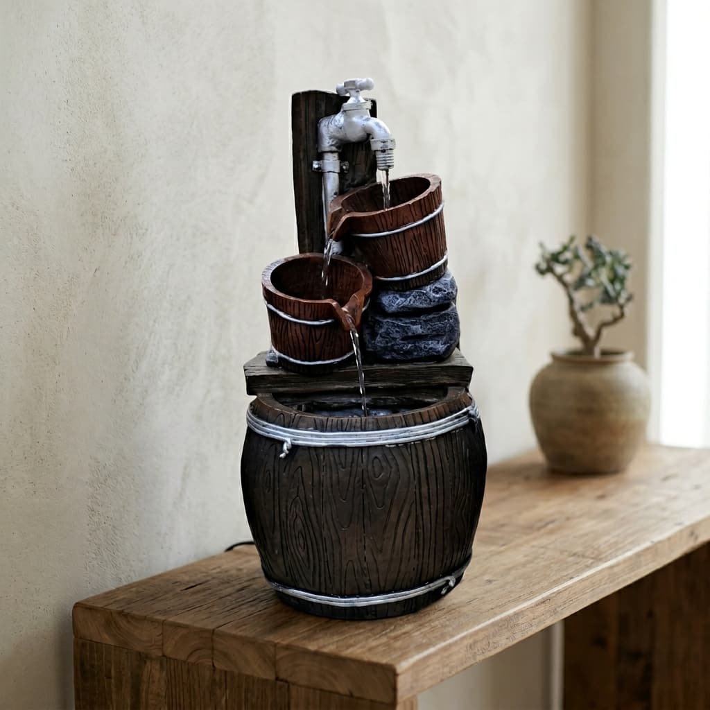 Water Fountain Rustic Barrel Cascade Water Fountain in Vintage Tap and Bucket in Multicolor Colour - Vedas