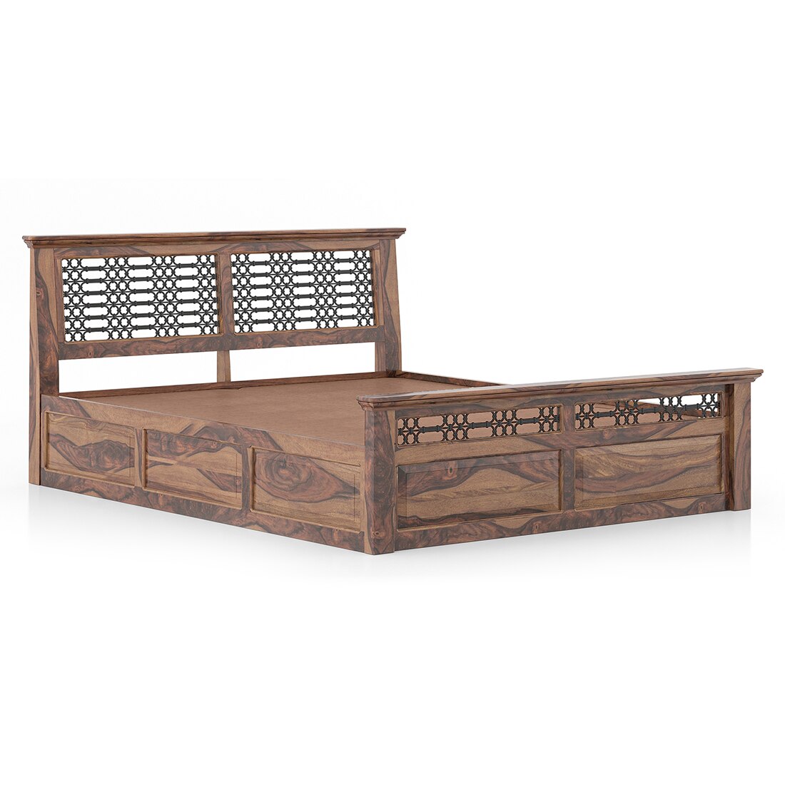 Bunai Solid Wood Queen Size Box Storage Bed In Teak Finish