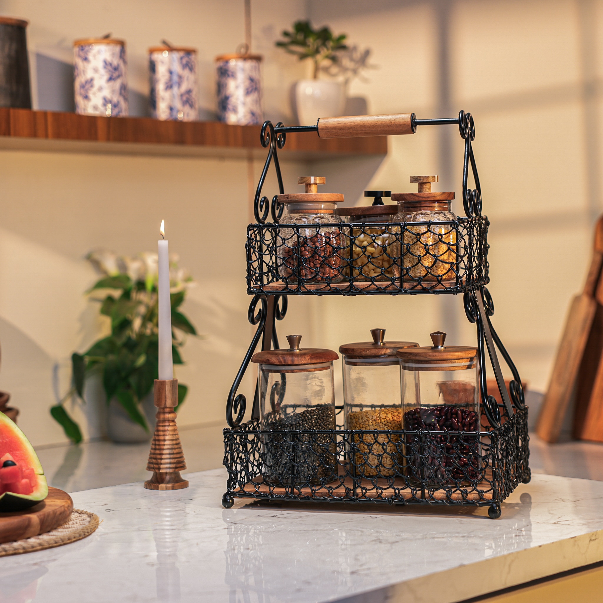 Ireka Home Vintage Charm Tiered Storage Basket with Metal Handles - Ireka Homes