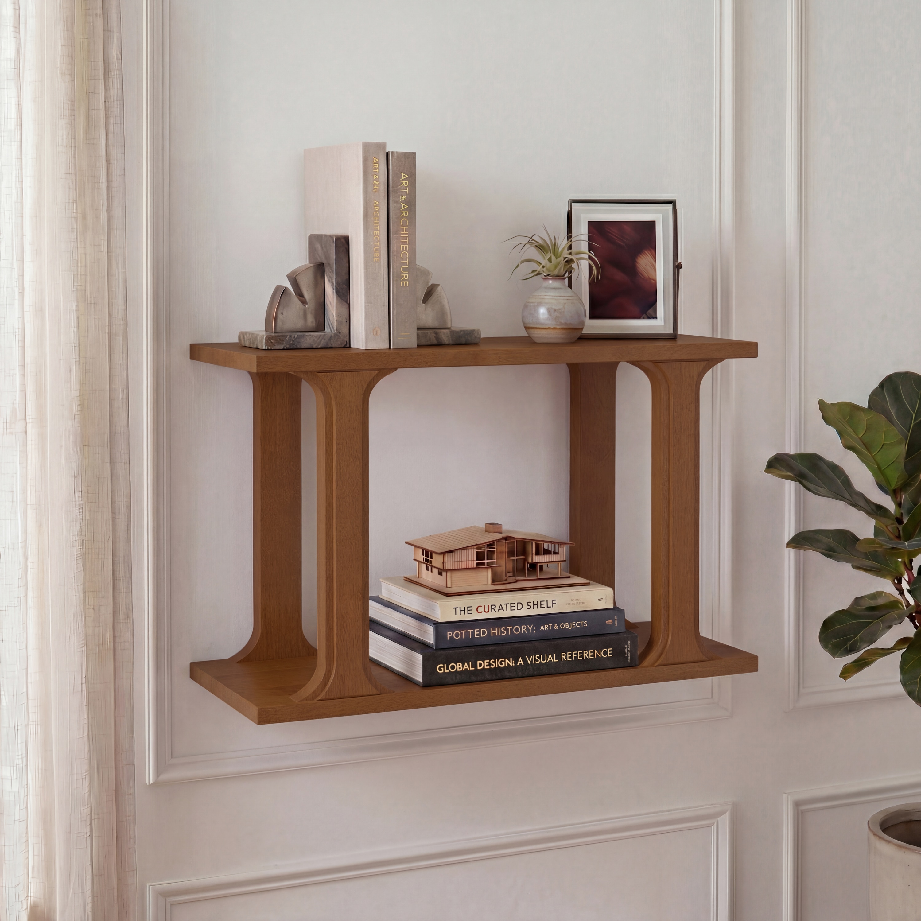 Kozo Small Solid wood Wall Shelf In Amber Walnut
