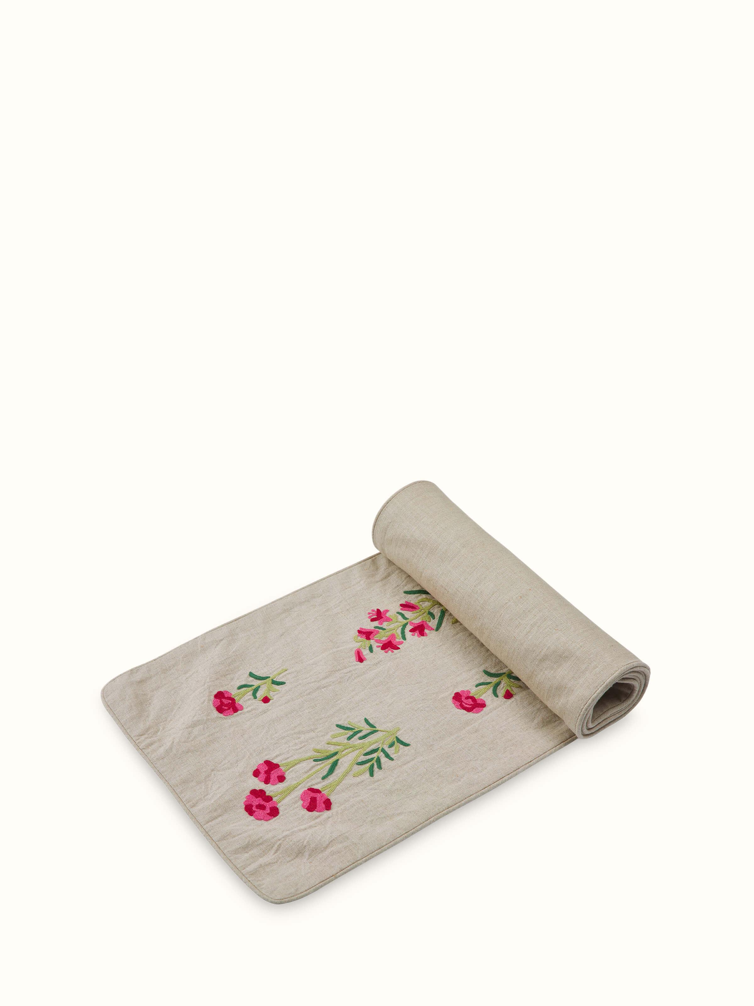 Mughal Miniature Magenta Buta Linen Kashmir Chain Stitch Hand Embroidery Table Runner