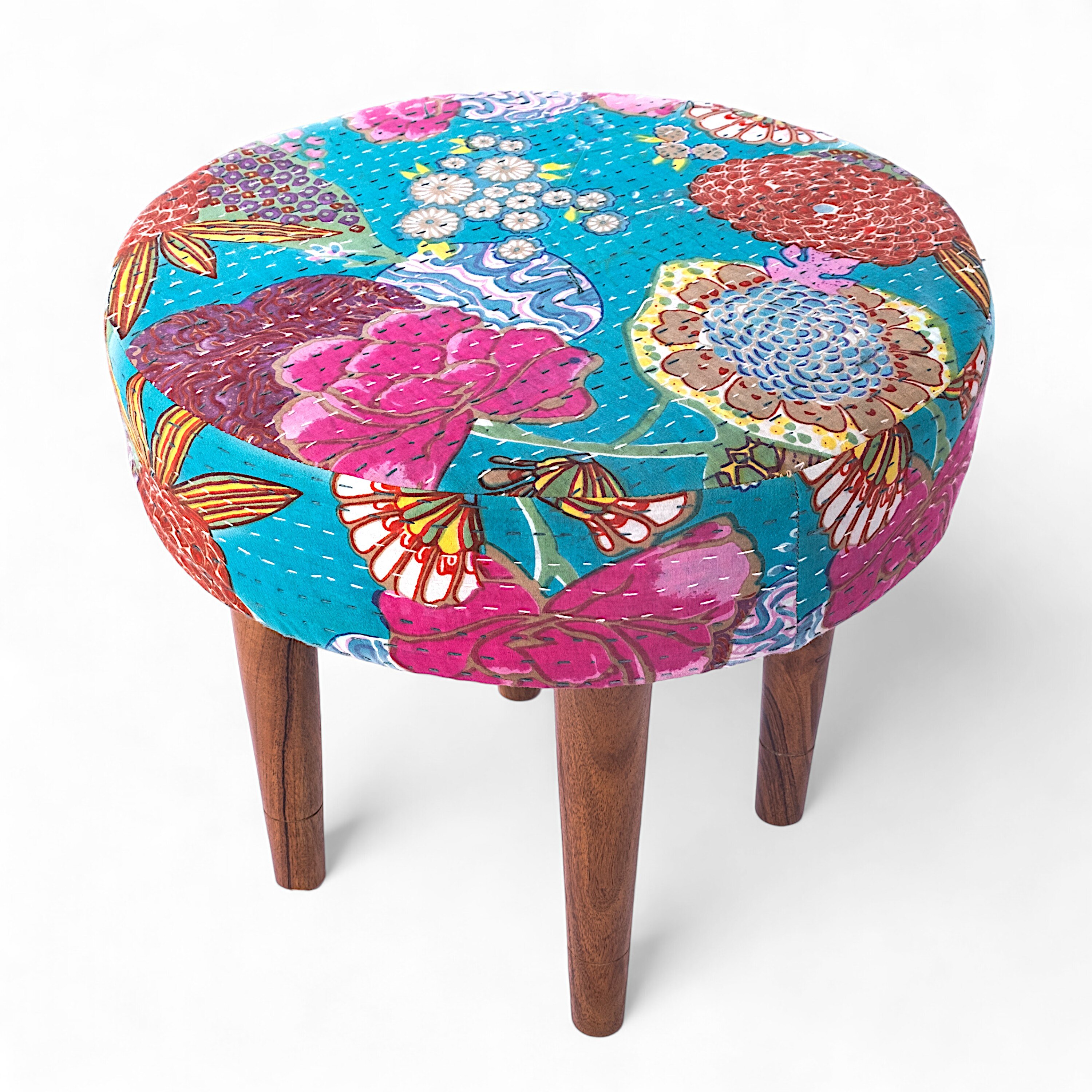 Nayla Solid Wood Stool in Sea Green Fruit Print fabric