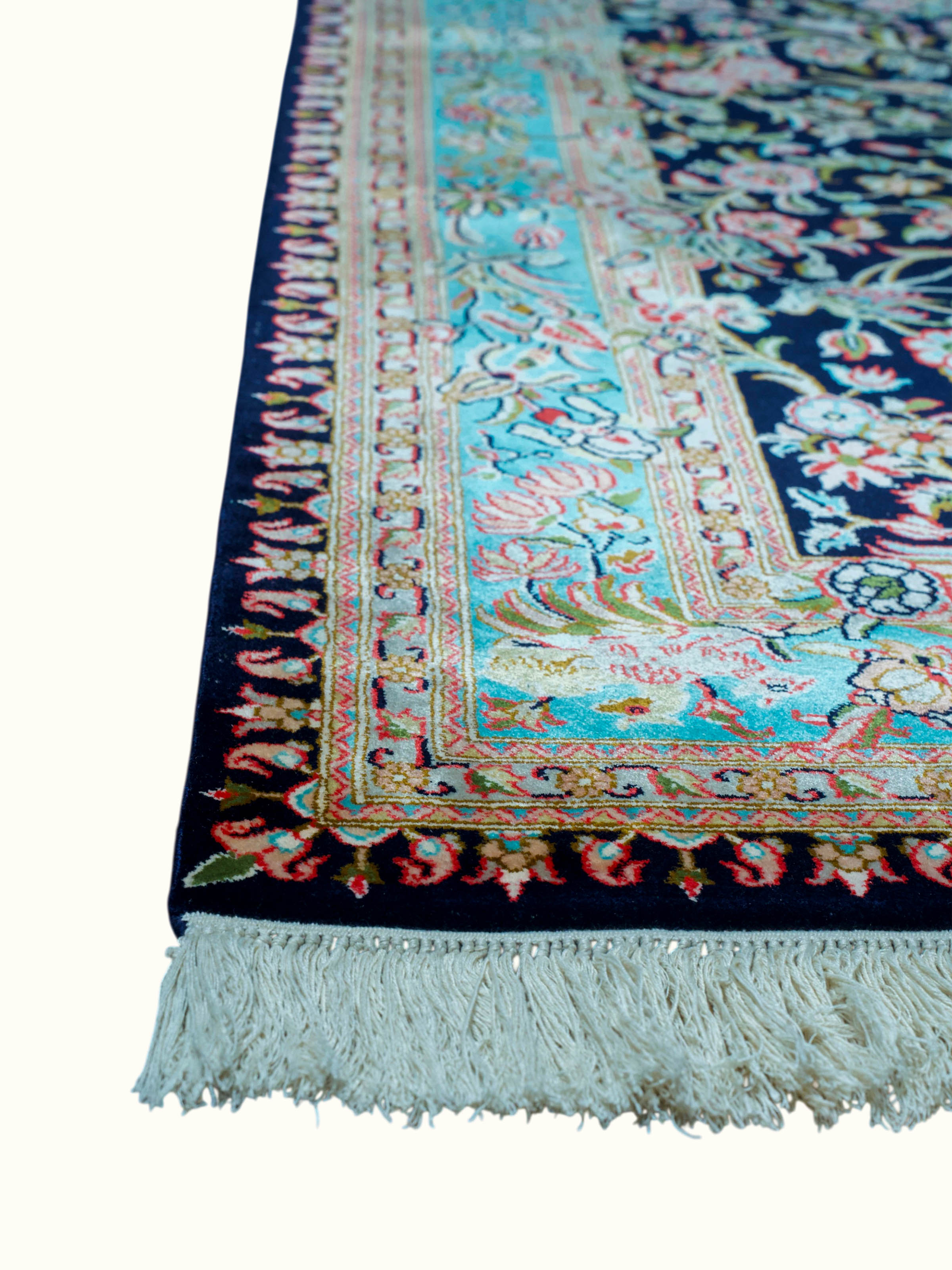 Traditional Persian Navy Floral Allover Kashmir Silk Hand-Knotted Carpet