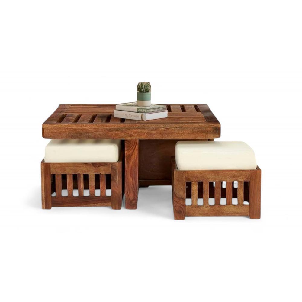 Palladio Sheesham Wood Accent Coffee Table Set With 4 Stools In Natural Teak Finish