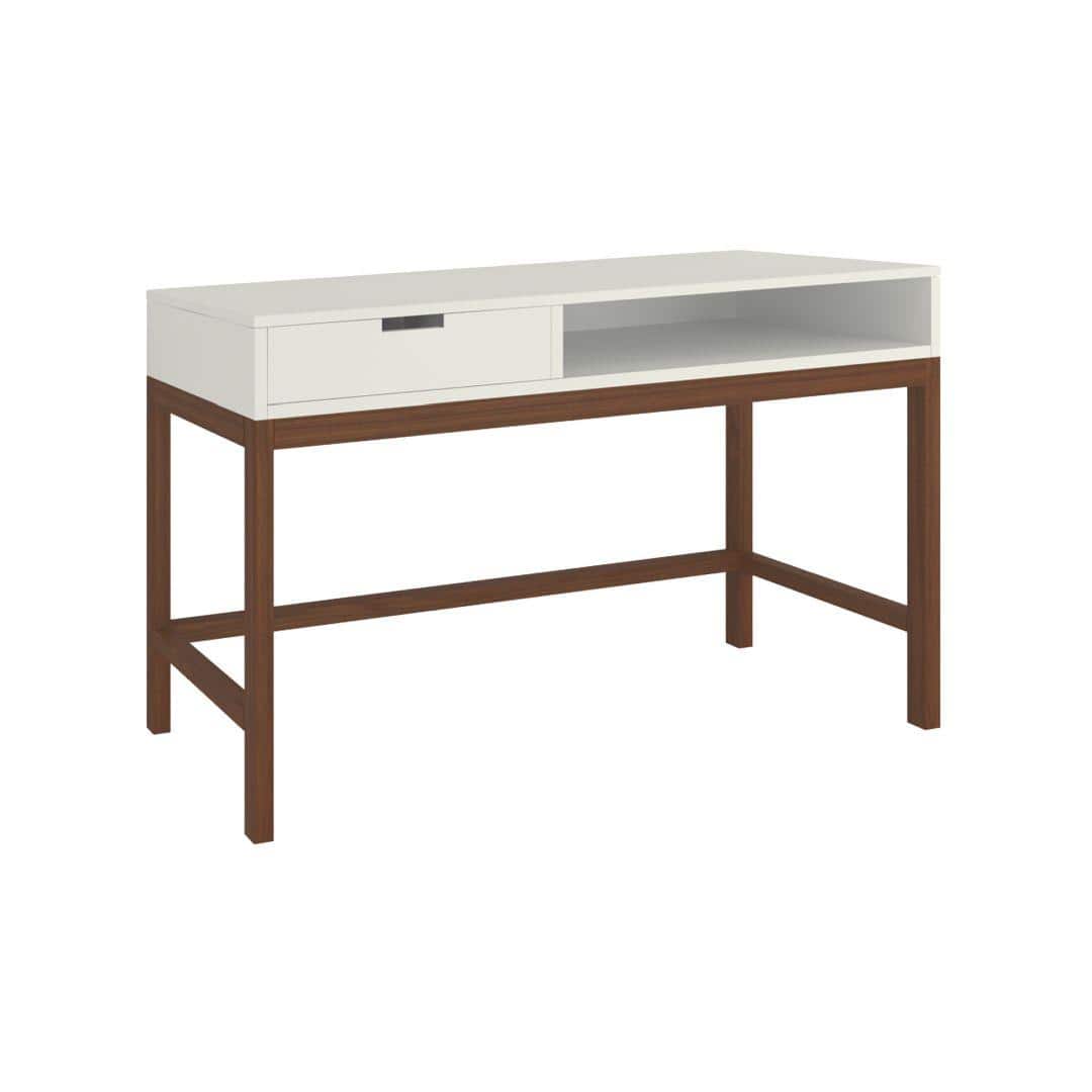 Montana Teak Wood Study Desk with Drawer and Open Shelf in Ivory Coffee Walnut Colour