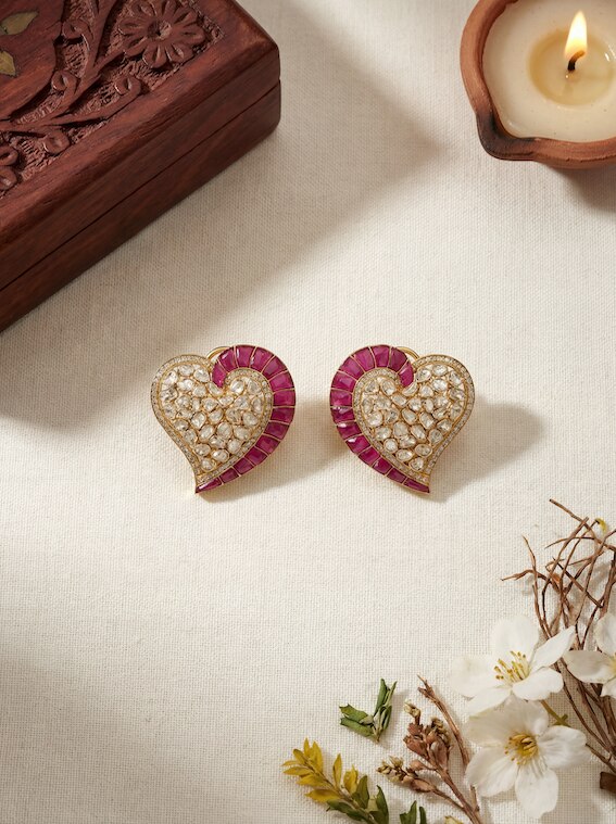 Front view of Dank Polki 14 karat gold studs