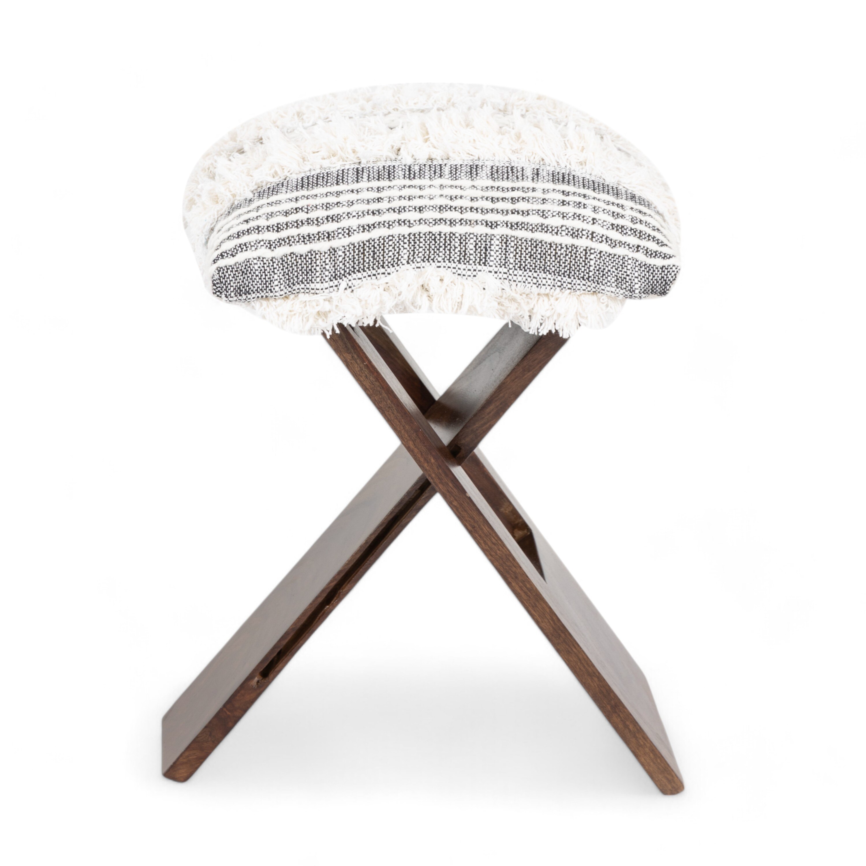 Dayton Sheesham Wood Mid Century Square   Stool in Grey Fabric   Fringes Upholstery