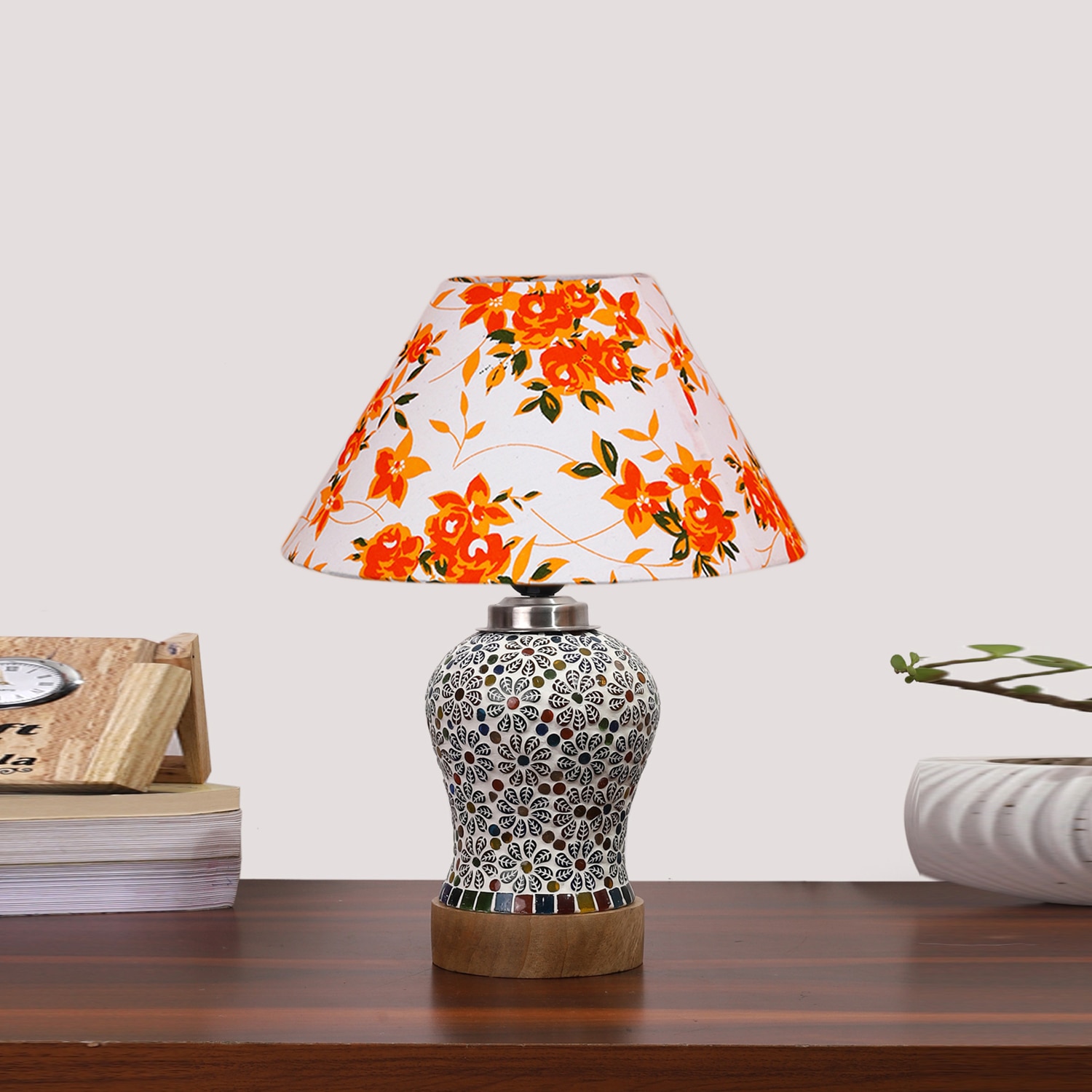 Devansh Conical Multi Cotton Shade Lamp With Wood & Mosaic Glass Base For Decoration/Office/Home/Gifting/Study For Decoration/Office/Home/Gifting/Study -(10X10X14.5) Inches -A